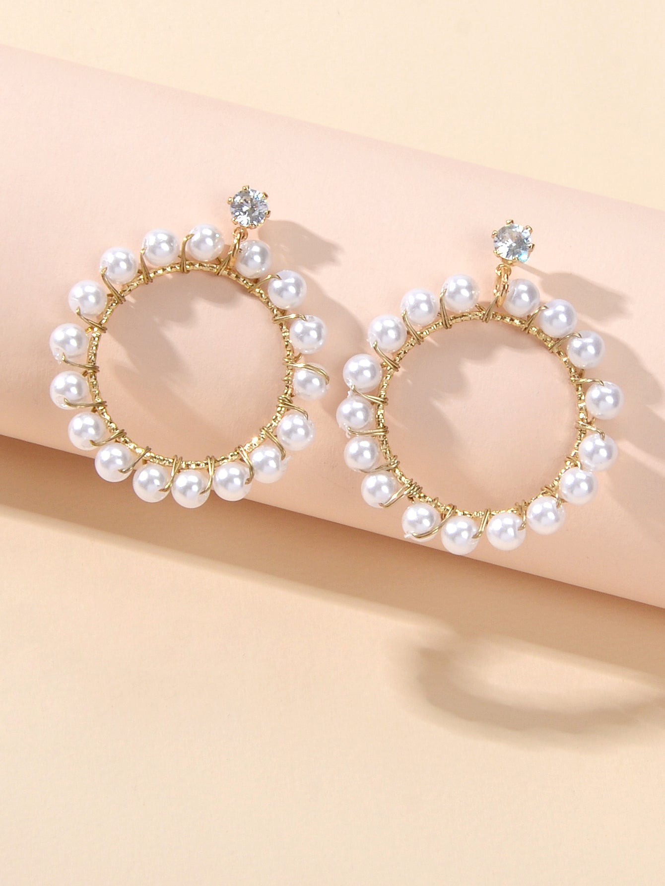 Retro Textured Jewelry Faux Pearl Decor Circle Dangle Earrings for Wedding Party-0