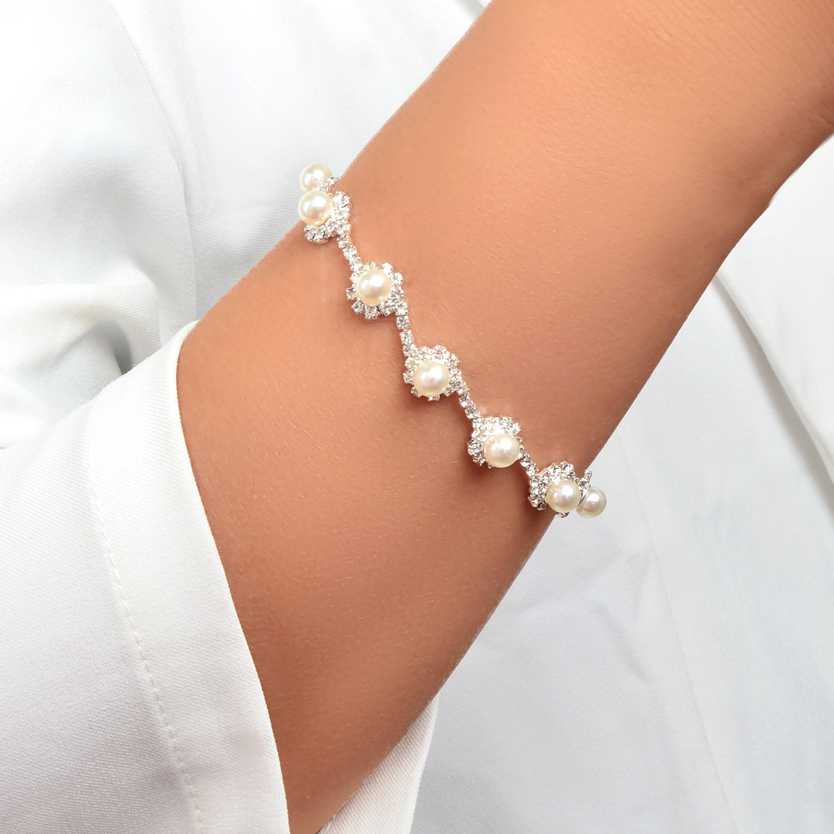 Elastic Wedding Accessory Bridesmaid Faux Pearl Rhinestone Party Beaded Bracelet-0