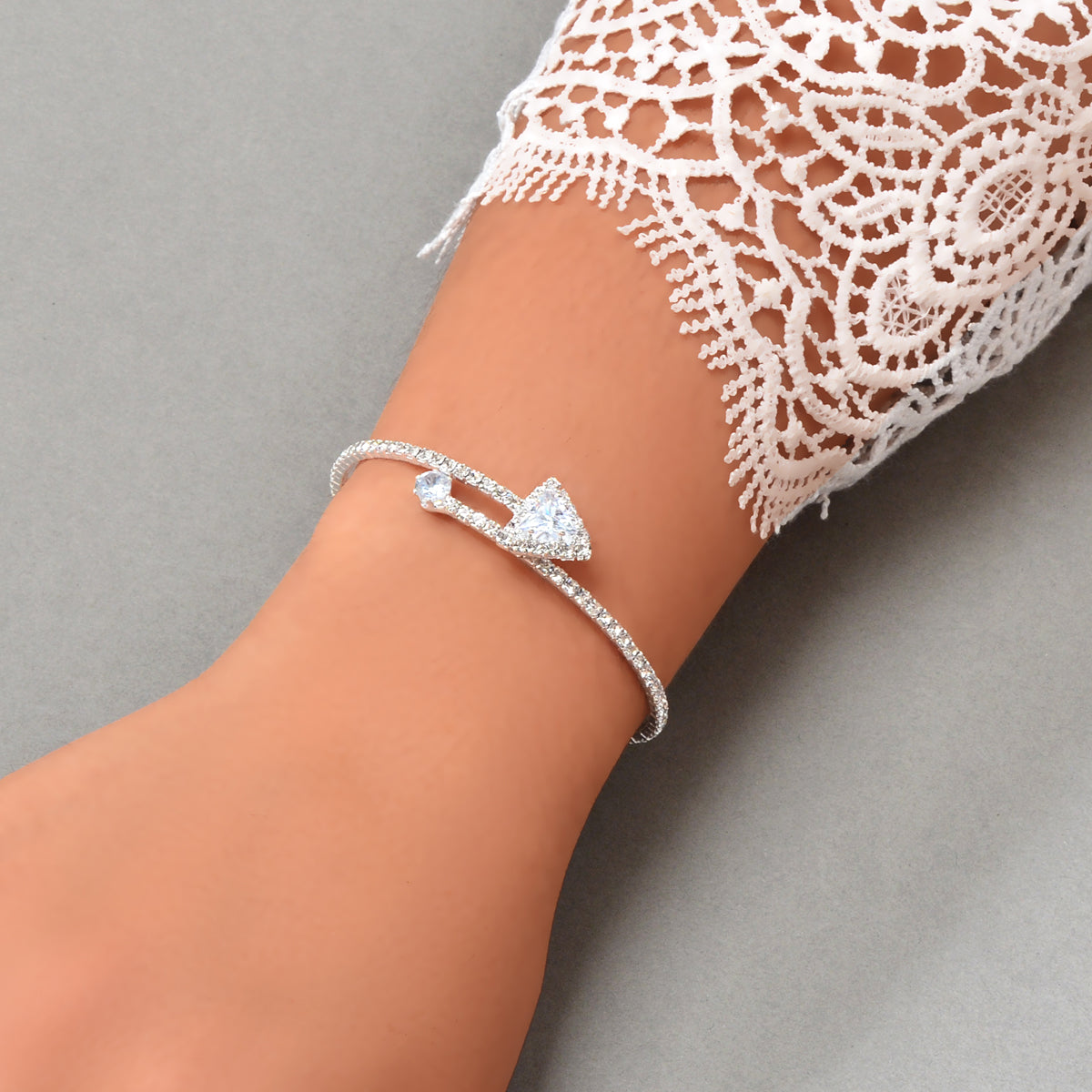 Sparkly Anniversary Gift Rhinestone Silver Arrow Bangle Wedding Bridal Bracelet-0