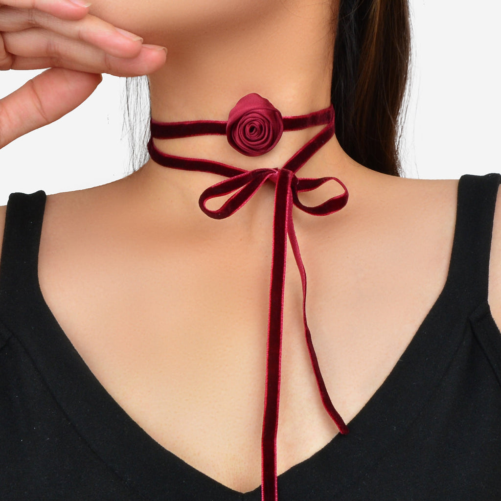Retro Evening Party Accessories Adjustable Winered Velvet Rose Choker Necklace-0