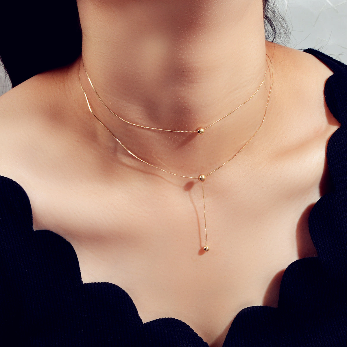 Perfect Jewellery Gold Double layer Chain Necklace Beads Charm Y Lariat Necklace-0