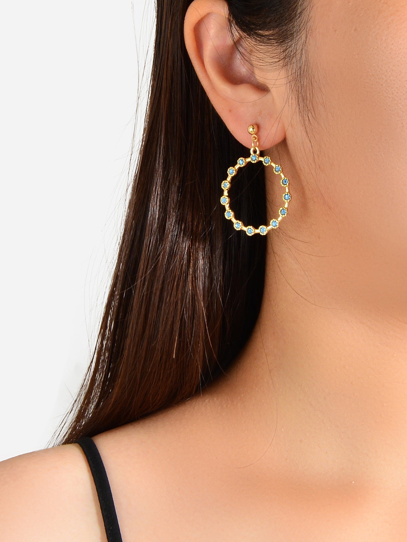 Fashion Ladies Jewelry Blue Rhinestone Gold Circle Dangle Party Bridal Earrings-1