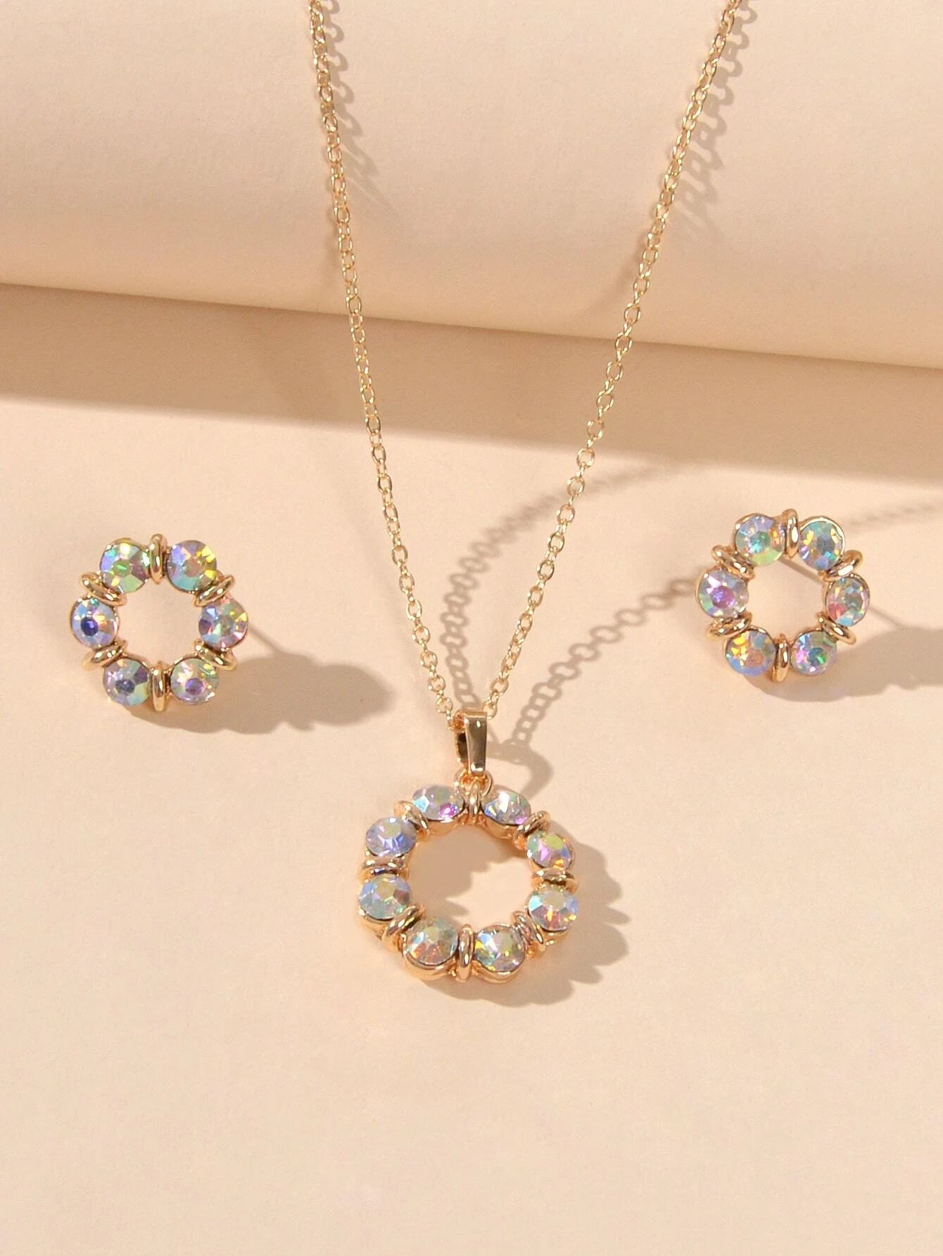 Colourful Rhinestone Flower Jewellry Set Round Charm Necklace Girl Stud Earrings-5