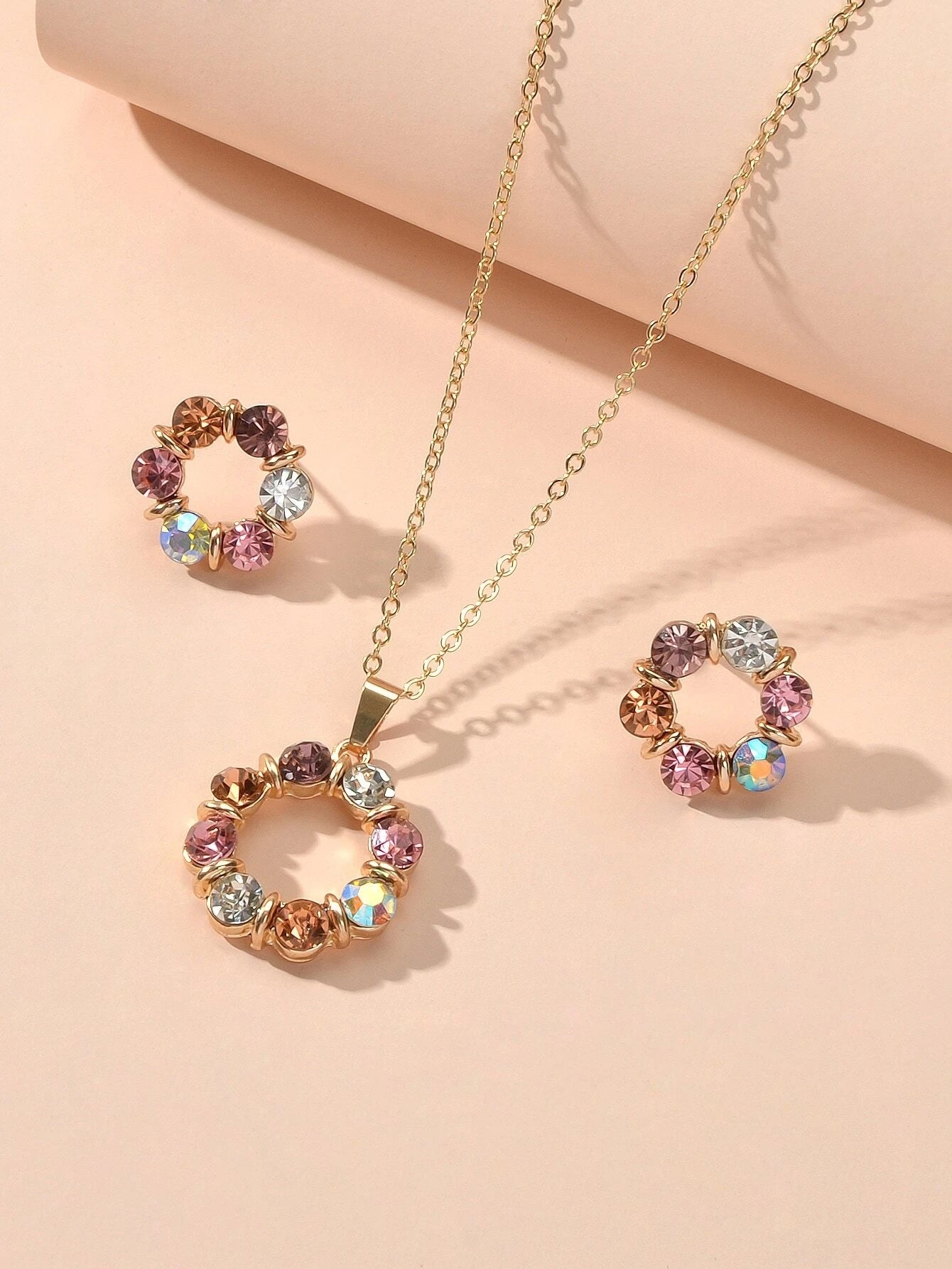 Colourful Rhinestone Flower Jewellry Set Round Charm Necklace Girl Stud Earrings-0