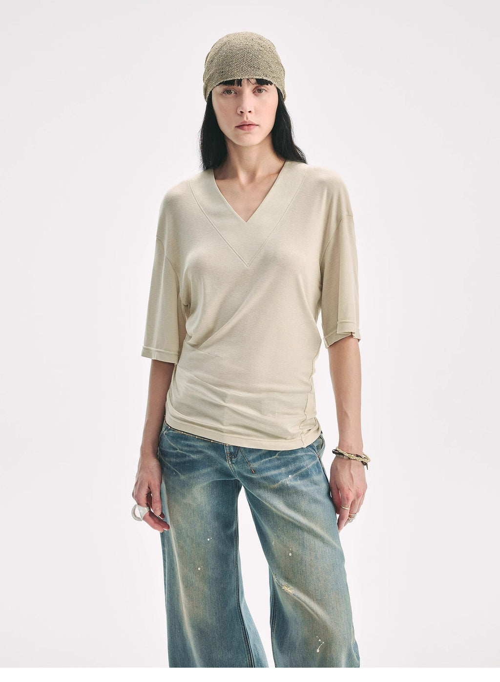 Silk Tencel V-neck loose dropped shoulder T-shirt