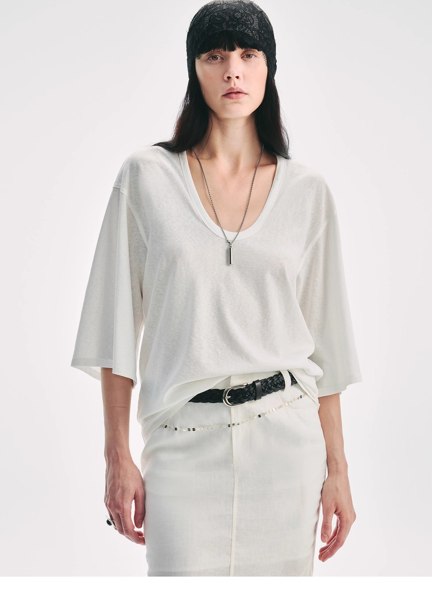 Loose U-neck 3/4 sleeve cotton and linen T-shirt summer"Inspiration Starts"-1