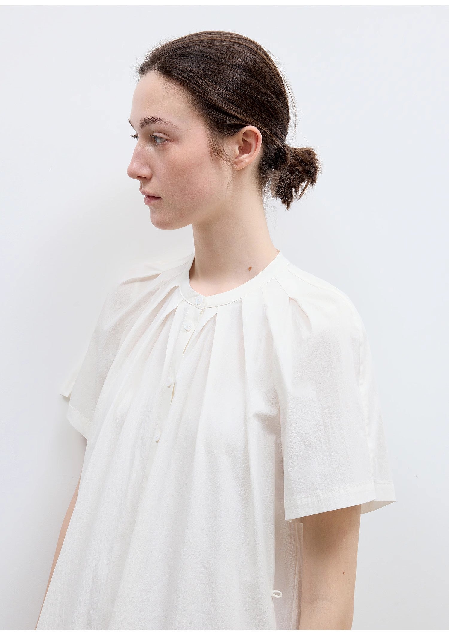 "First Love Island" Cotton Stand Collar Pleated Short Sleeve Shirt Dress for Women-1