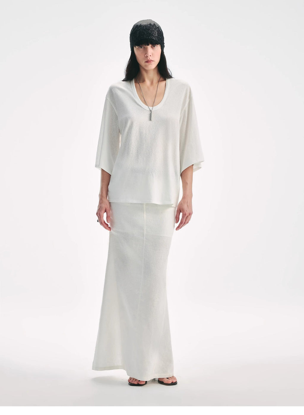 Loose U-neck 3/4 sleeve cotton and linen T-shirt summer"Inspiration Starts"-0