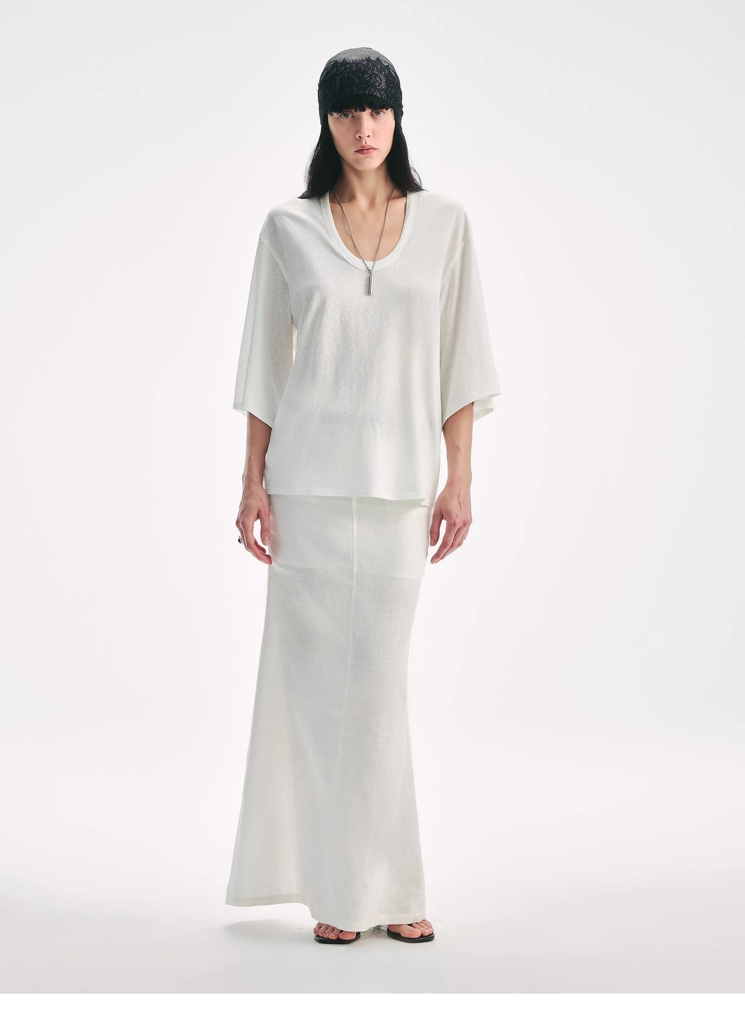 Loose U-neck 3/4 sleeve cotton and linen T-shirt summer"Inspiration Starts"-0