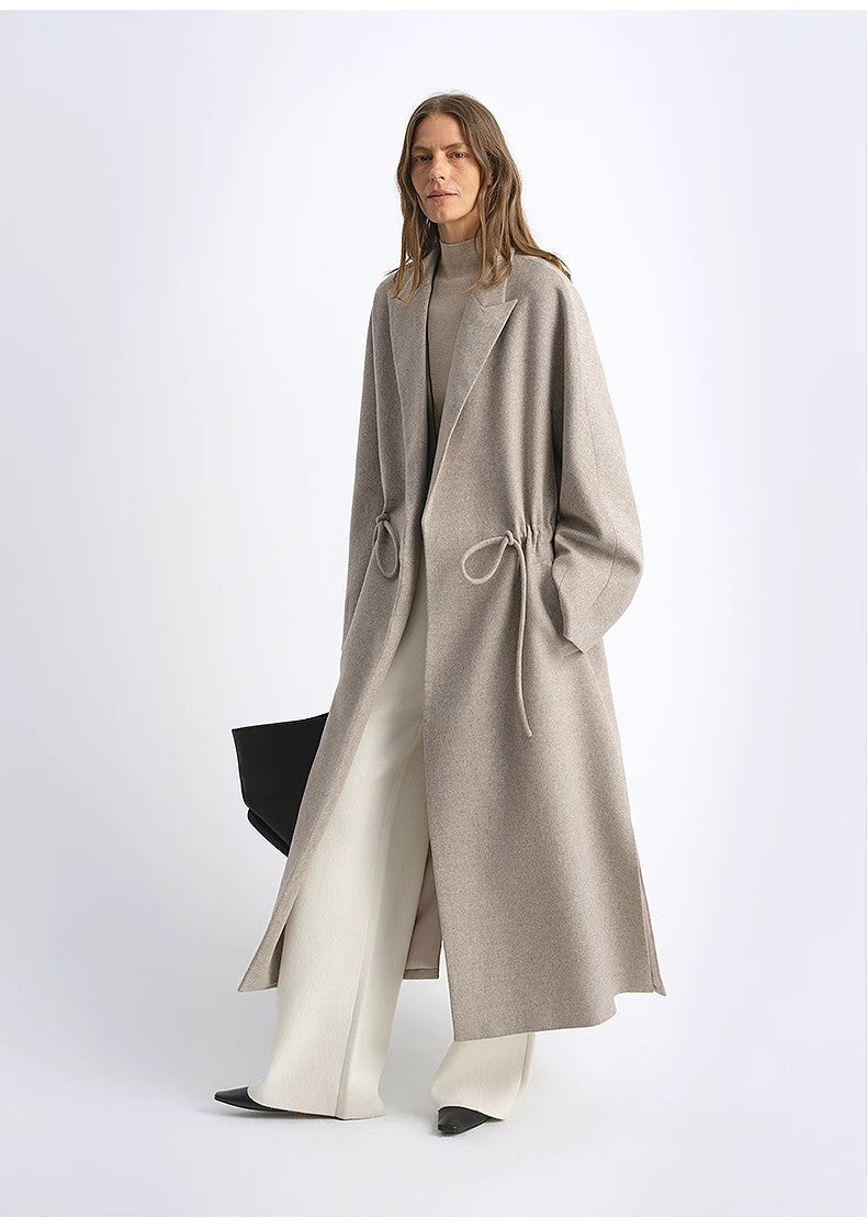 "Desert Heart"women's original color wool peaked lapel drawstring mid-length wool coat-4