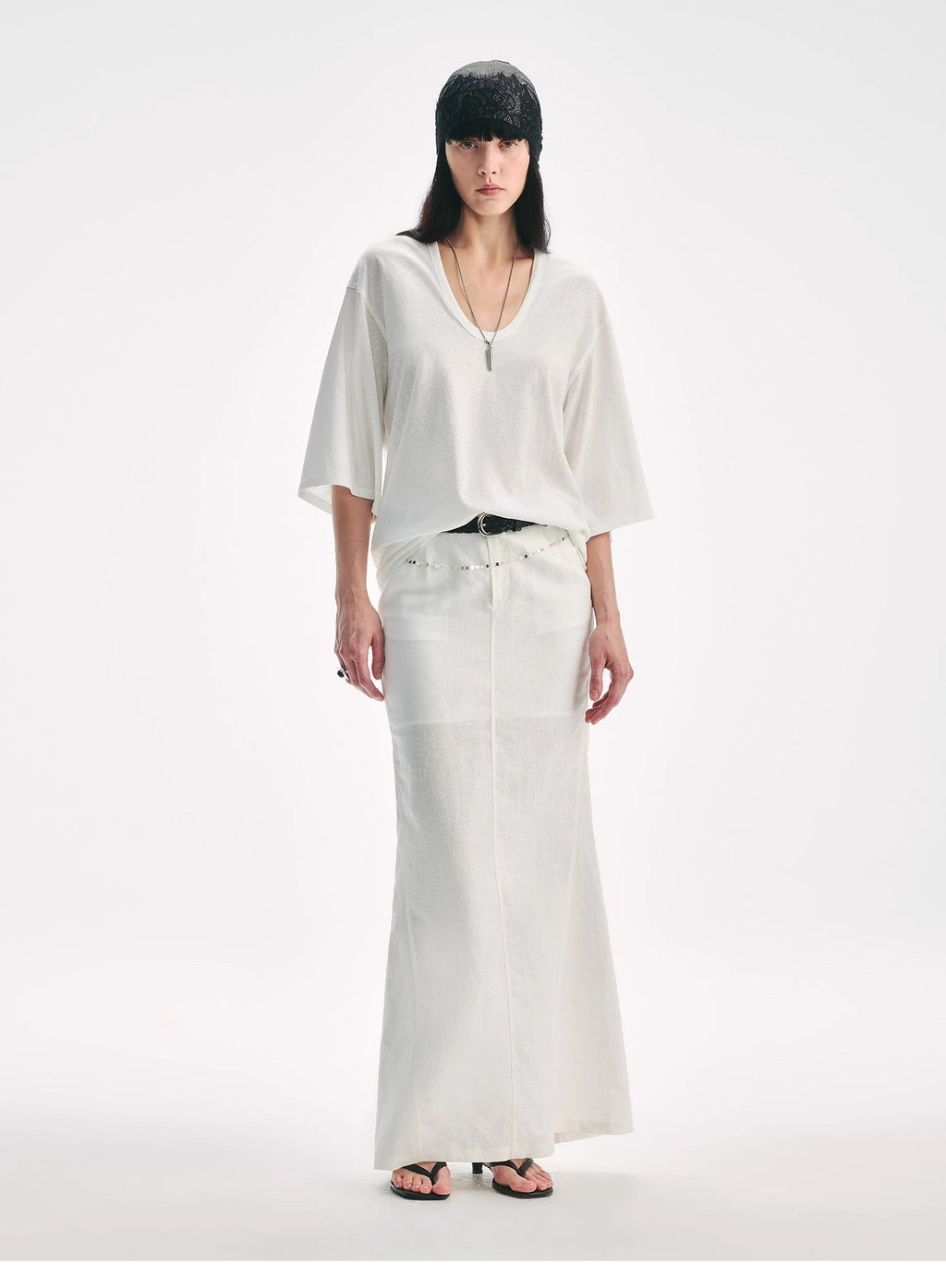 Loose U-neck 3/4 sleeve cotton and linen T-shirt summer"Inspiration Starts"-4