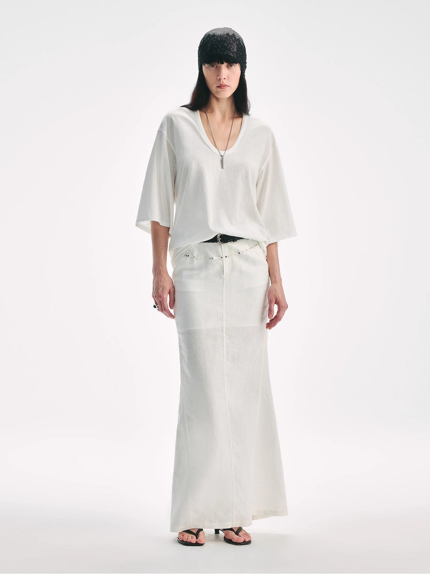 Loose U-neck 3/4 sleeve cotton and linen T-shirt summer"Inspiration Starts"-4