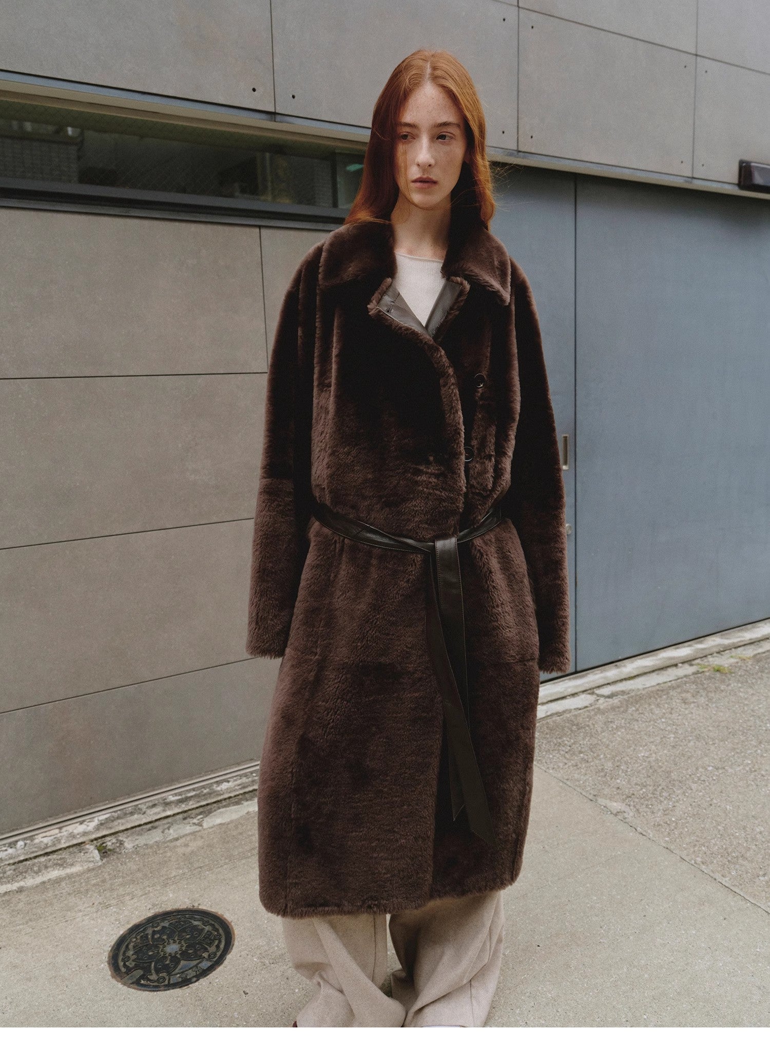 "Mocha Phantom" Merino wool dropped shoulder long asymmetric placket sheepskin coat-1