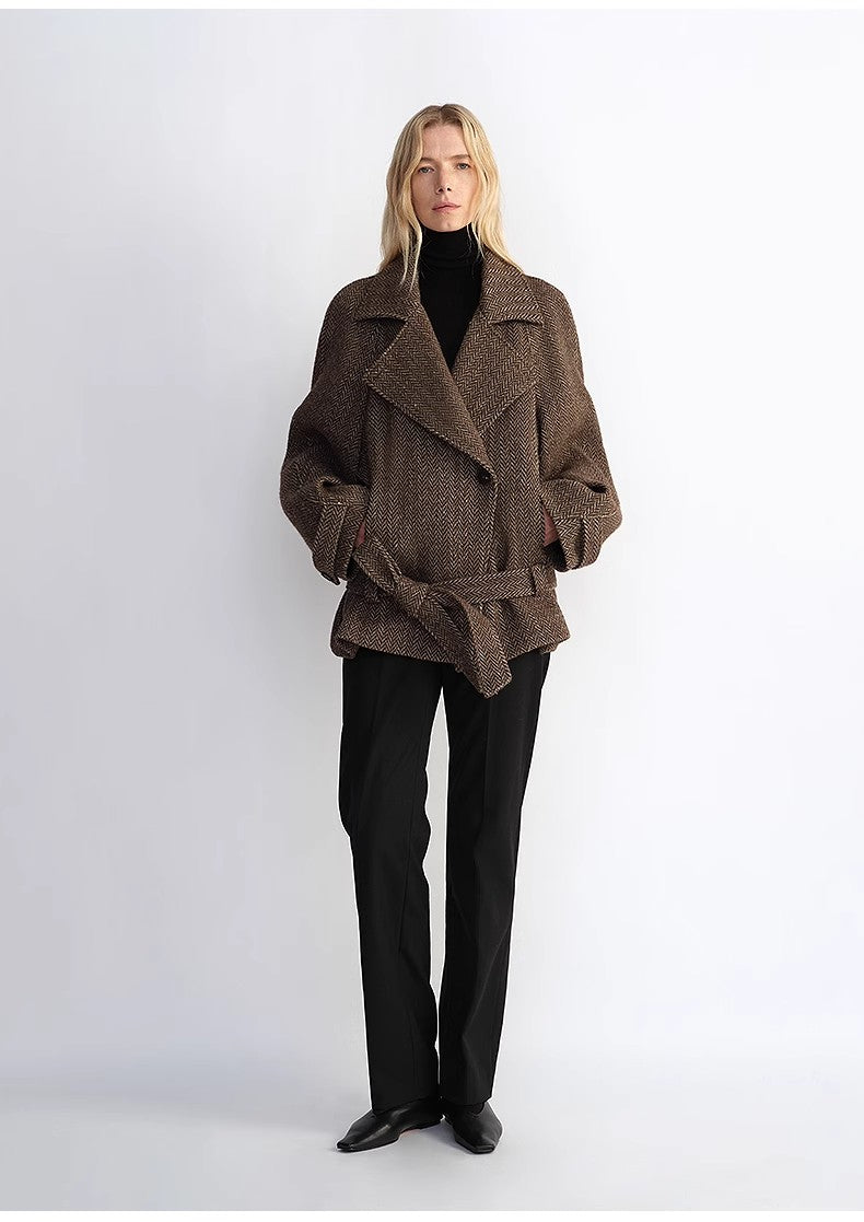 "Warm Cocoon" Italian Herringbone Wool Classic Lapel Micro-coon Short Wool Coat for Women-1