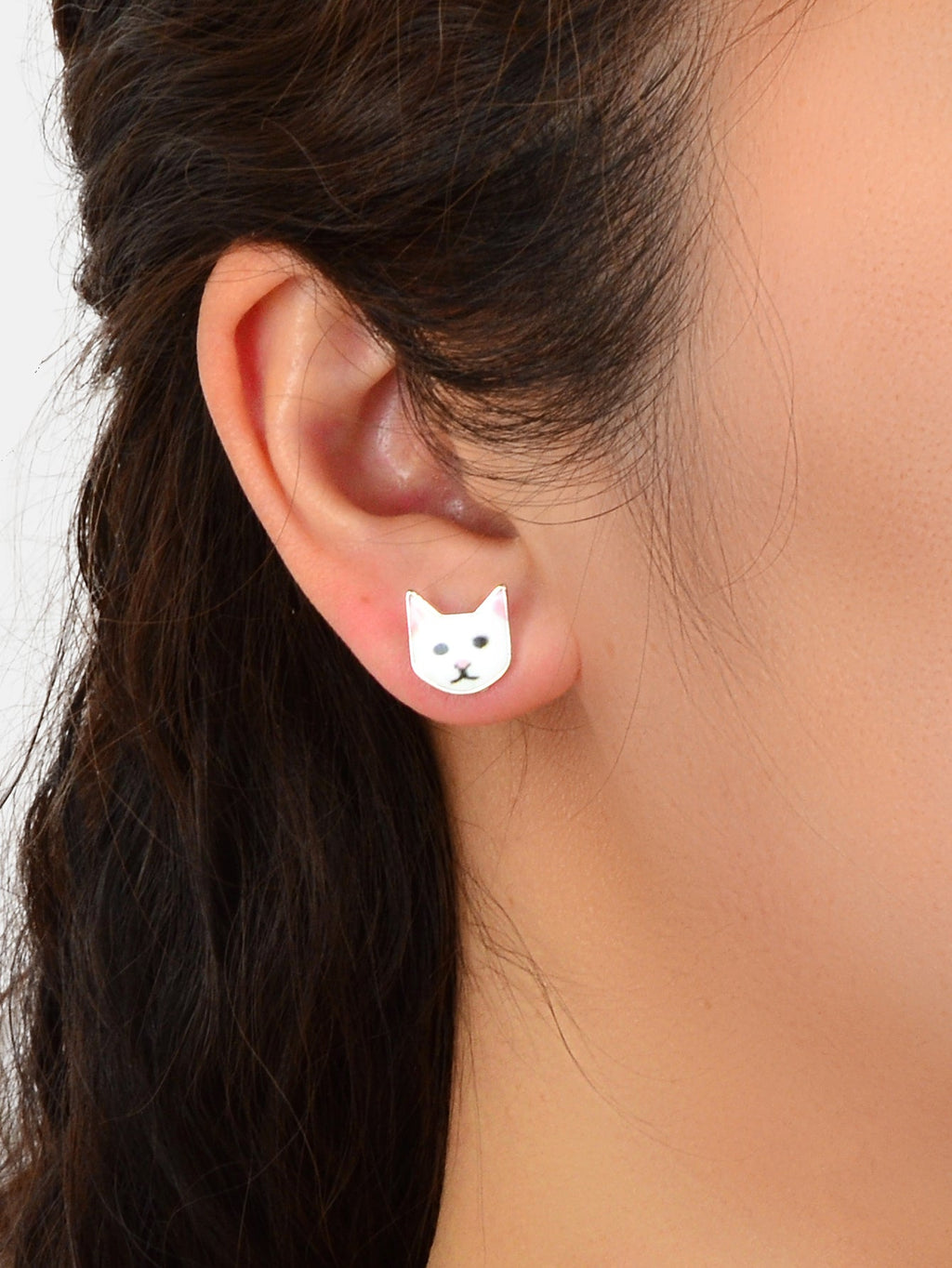 Funny White Enamel Cartoon Cat Stud Pierced Earrings Girls Animal Jewellery Gift-1