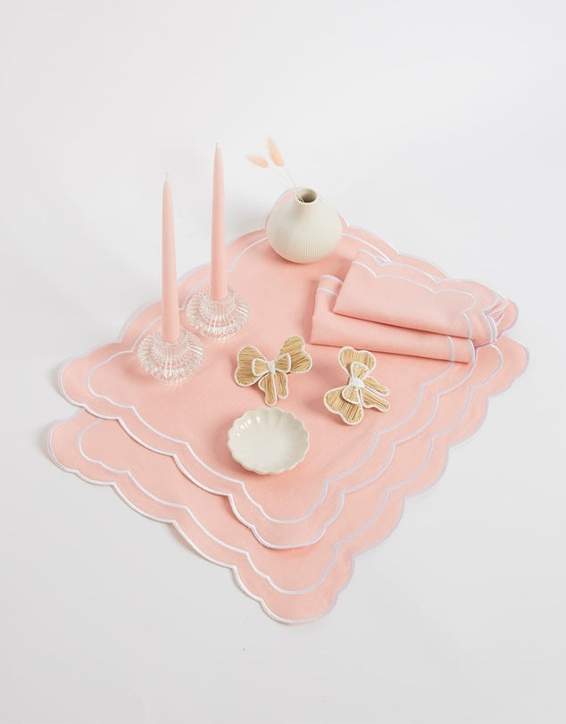 Linen Table Placemet and Napkins Set with Embroidered Scalloped Edges-0