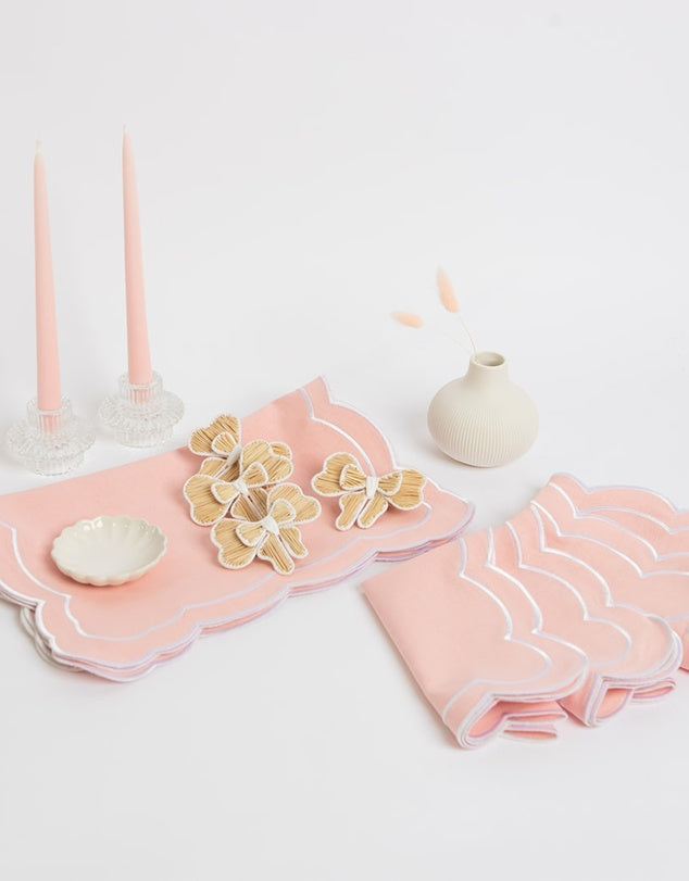 Linen Table Placemet and Napkins Set with Embroidered Scalloped Edges-1