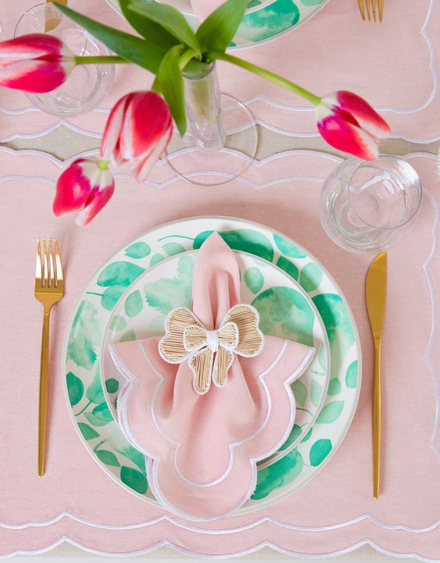 Linen Table Placemet and Napkins Set with Embroidered Scalloped Edges-2