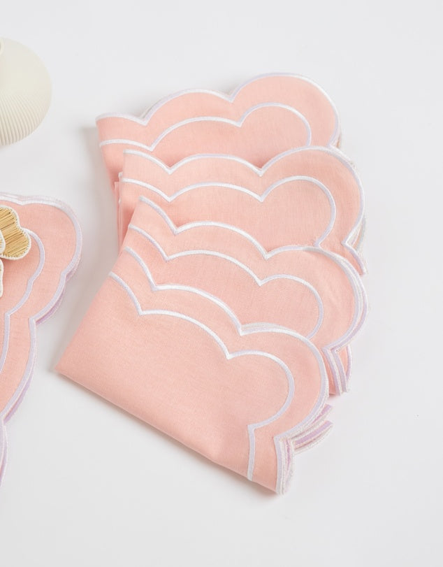 Linen Table Placemet and Napkins Set with Embroidered Scalloped Edges-3