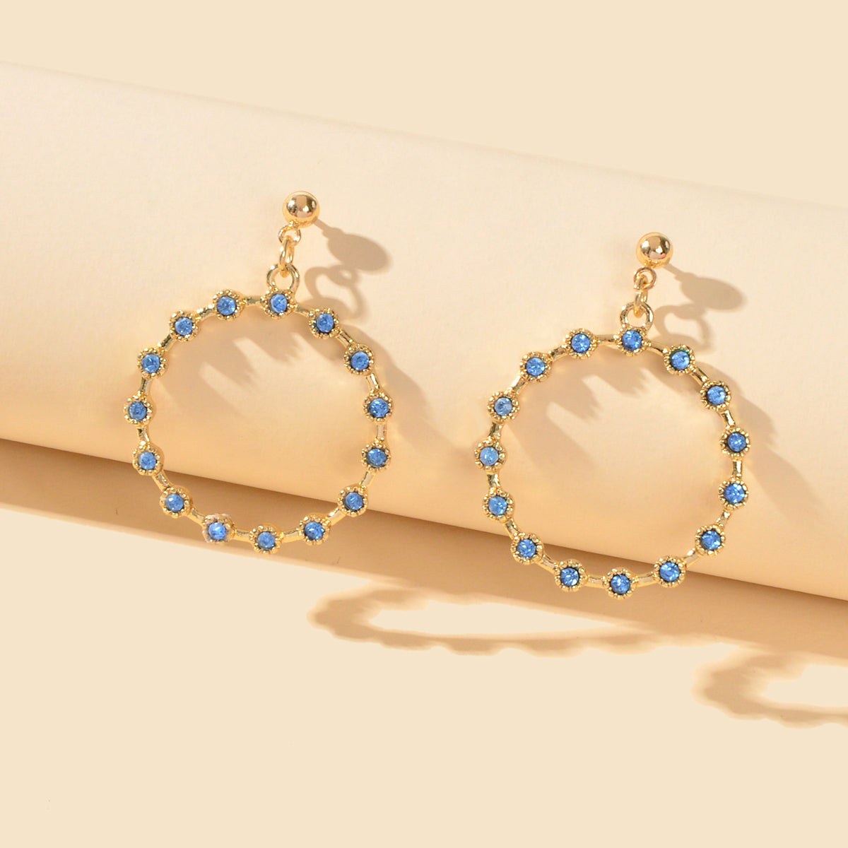 Fashion Ladies Jewelry Blue Rhinestone Gold Circle Dangle Party Bridal Earrings-0