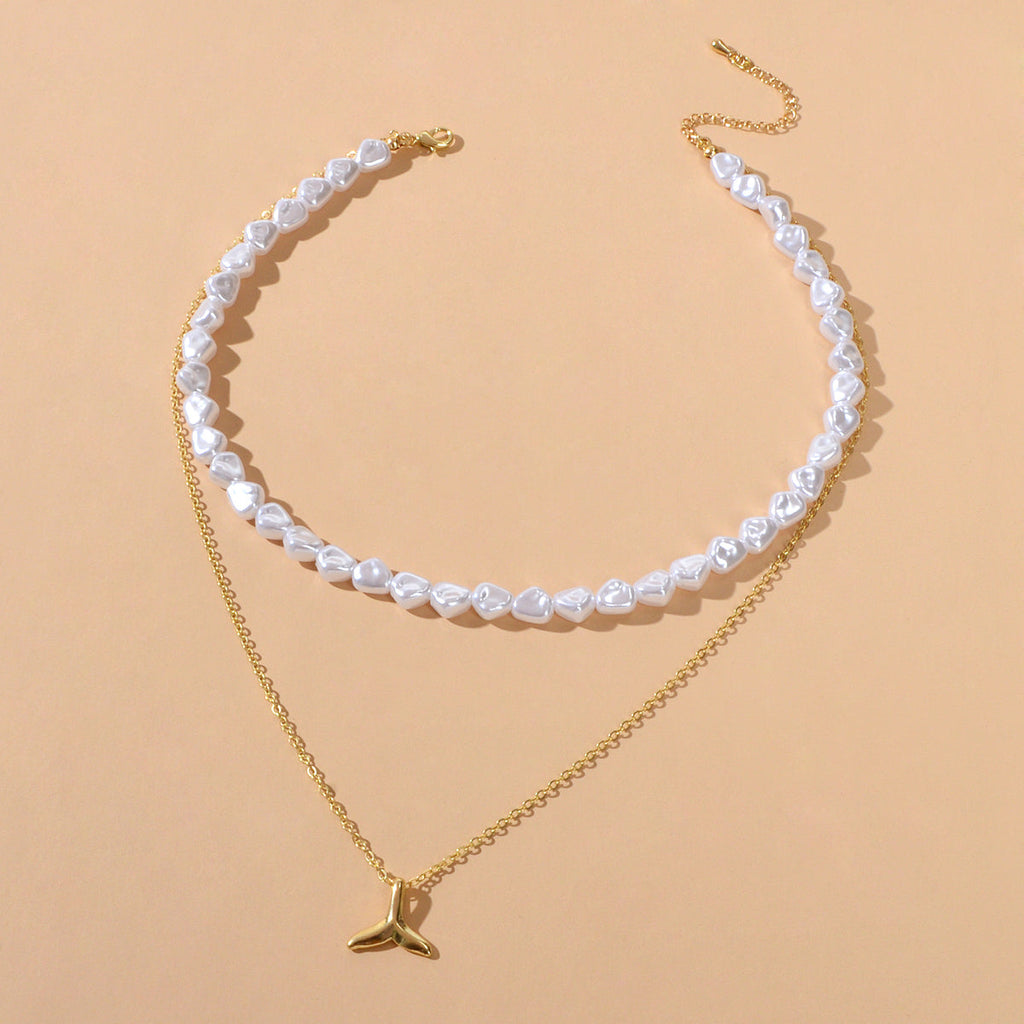 Textured Accessories Double layer Chain Pearl Choker Fish Tail Pendant Necklace-1
