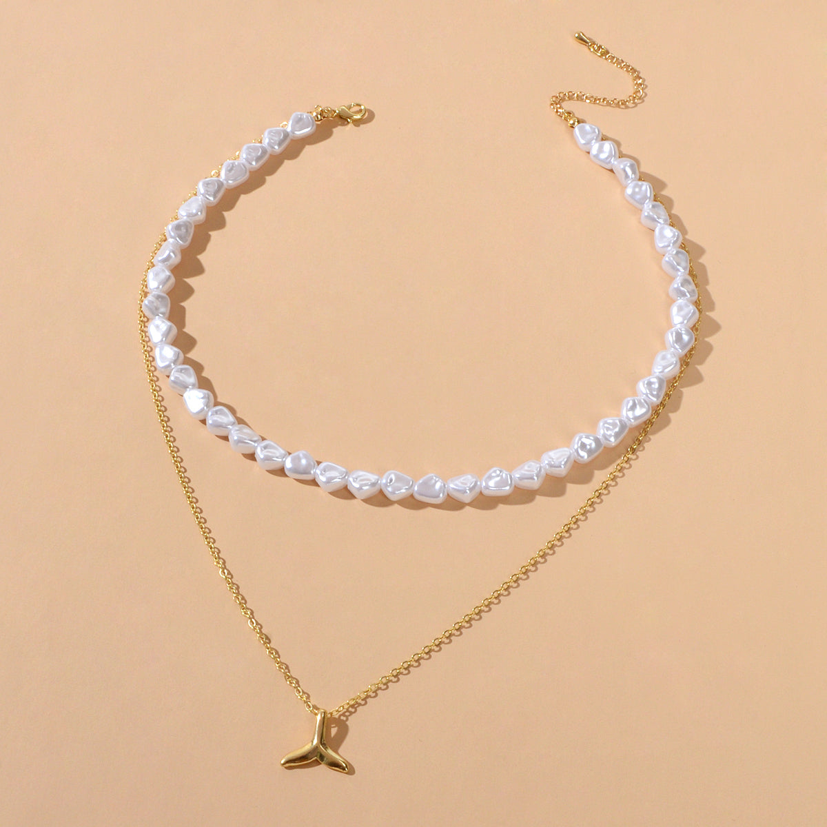Textured Accessories Double layer Chain Pearl Choker Fish Tail Pendant Necklace-1