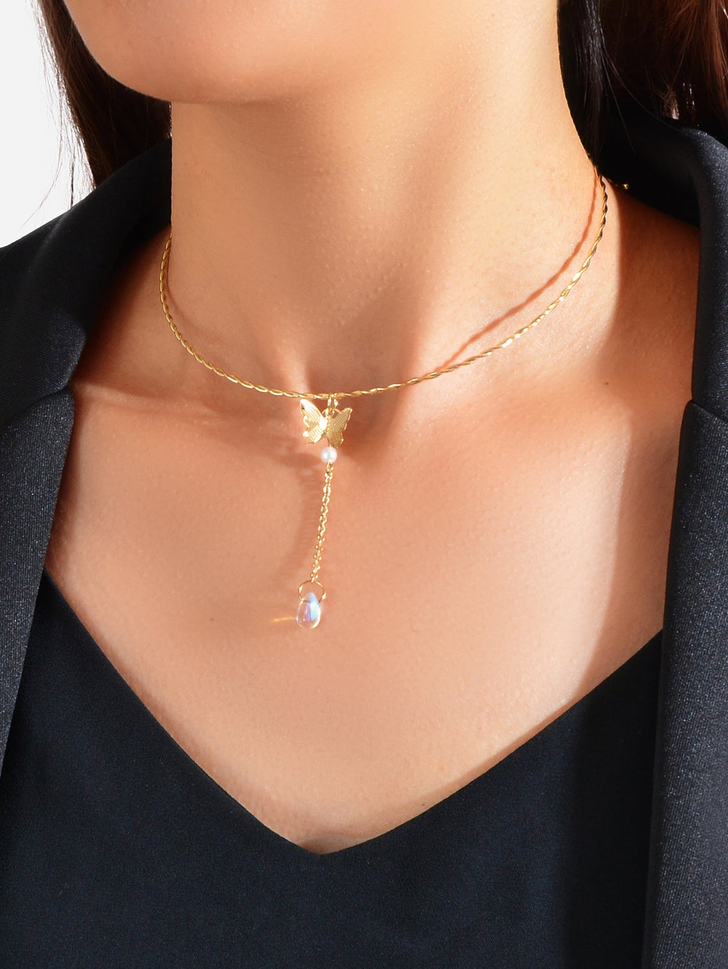 Designer Jewelry Gold Short Choker Collar Butterfly Beads Charm Trendy Necklace-0