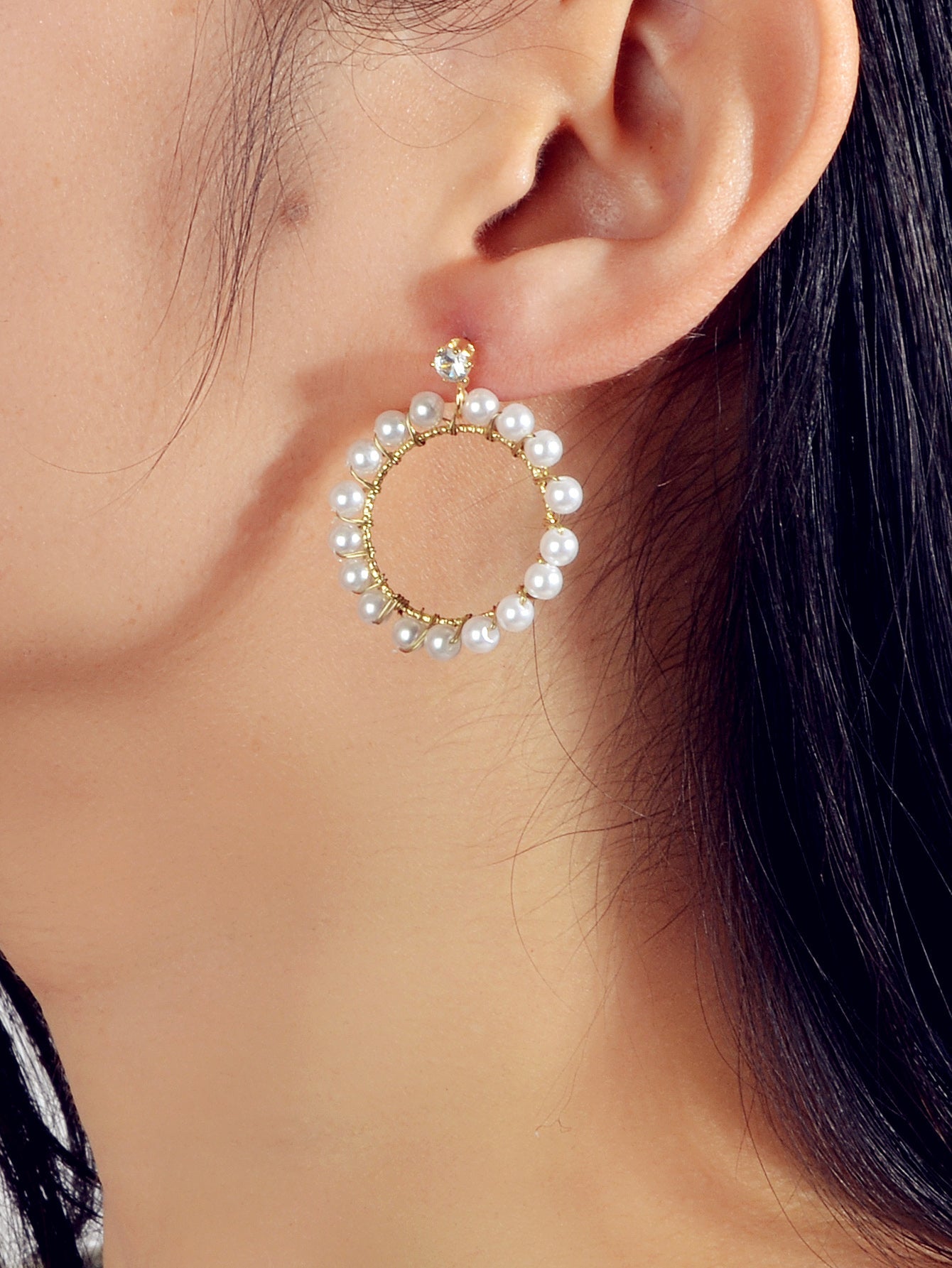 Retro Textured Jewelry Faux Pearl Decor Circle Dangle Earrings for Wedding Party-1