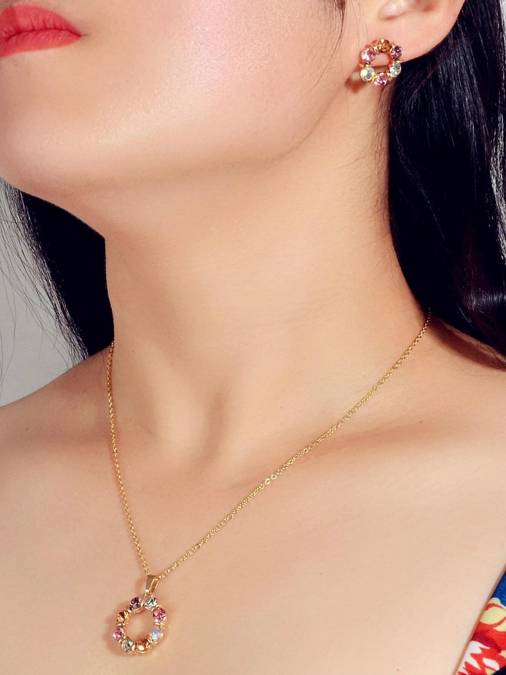 Colourful Rhinestone Flower Jewellry Set Round Charm Necklace Girl Stud Earrings-1