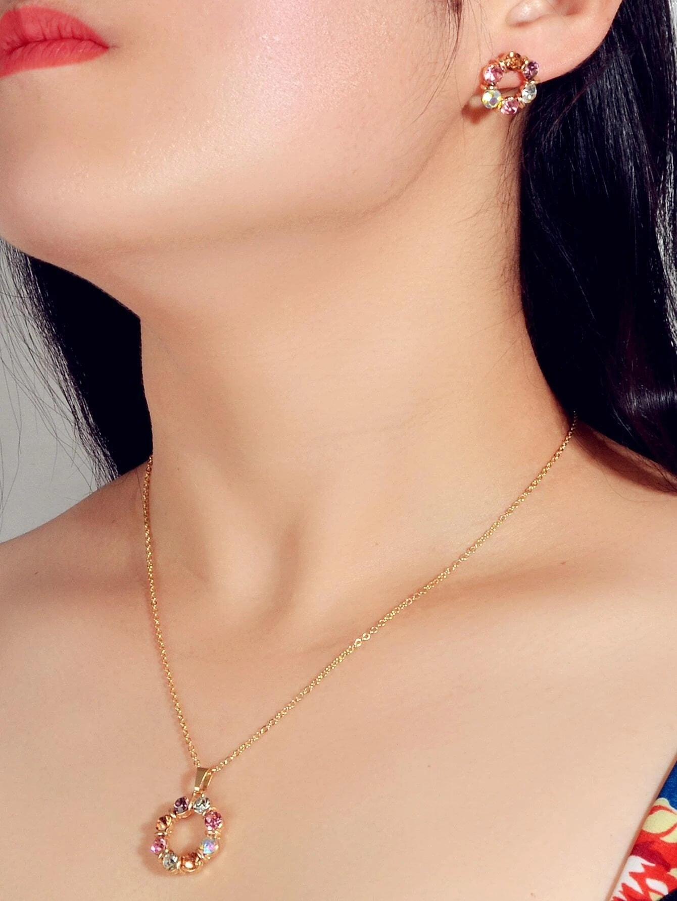 Colourful Rhinestone Flower Jewellry Set Round Charm Necklace Girl Stud Earrings-1