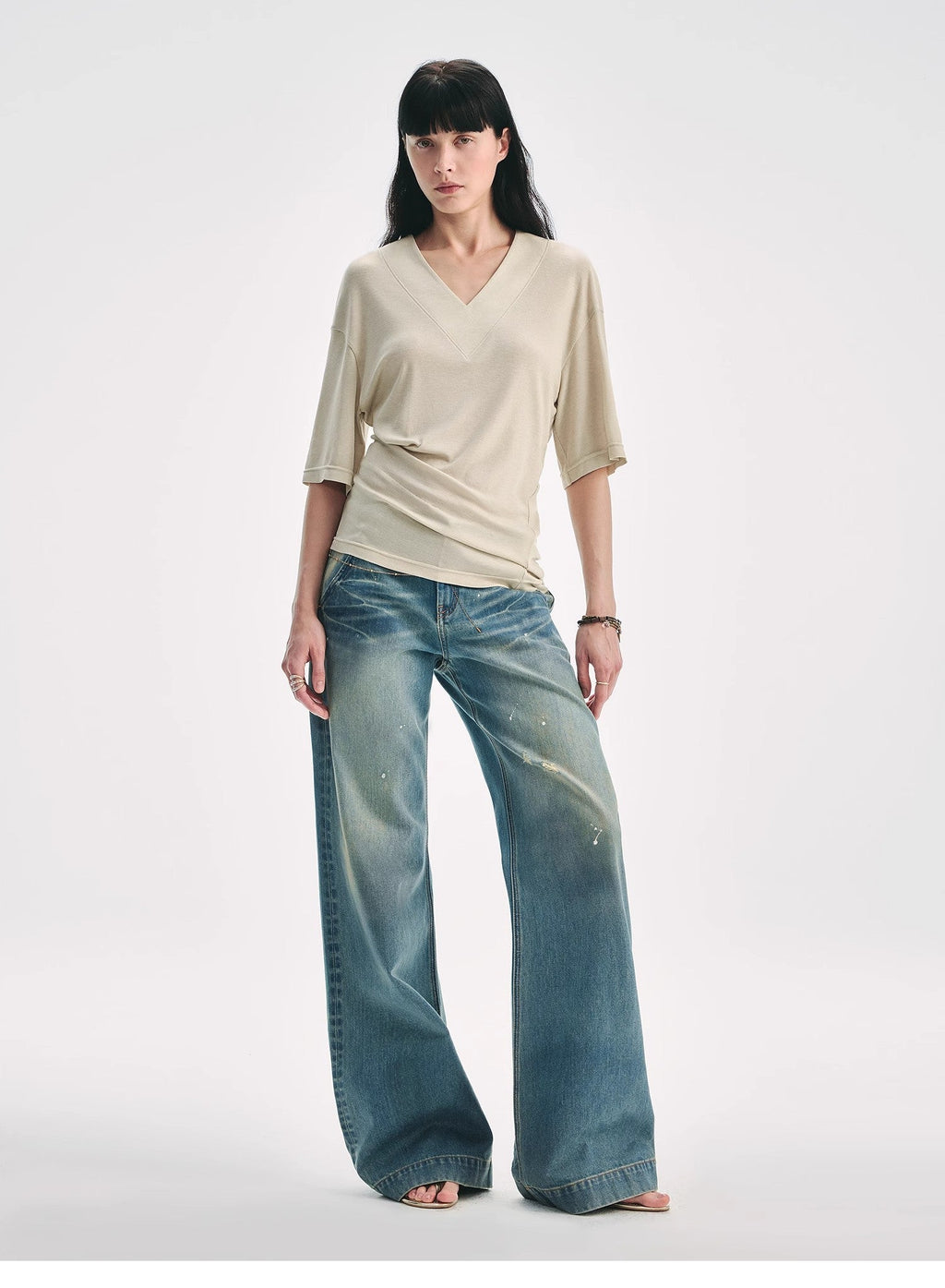 Silk Tencel V-neck loose dropped shoulder T-shirt