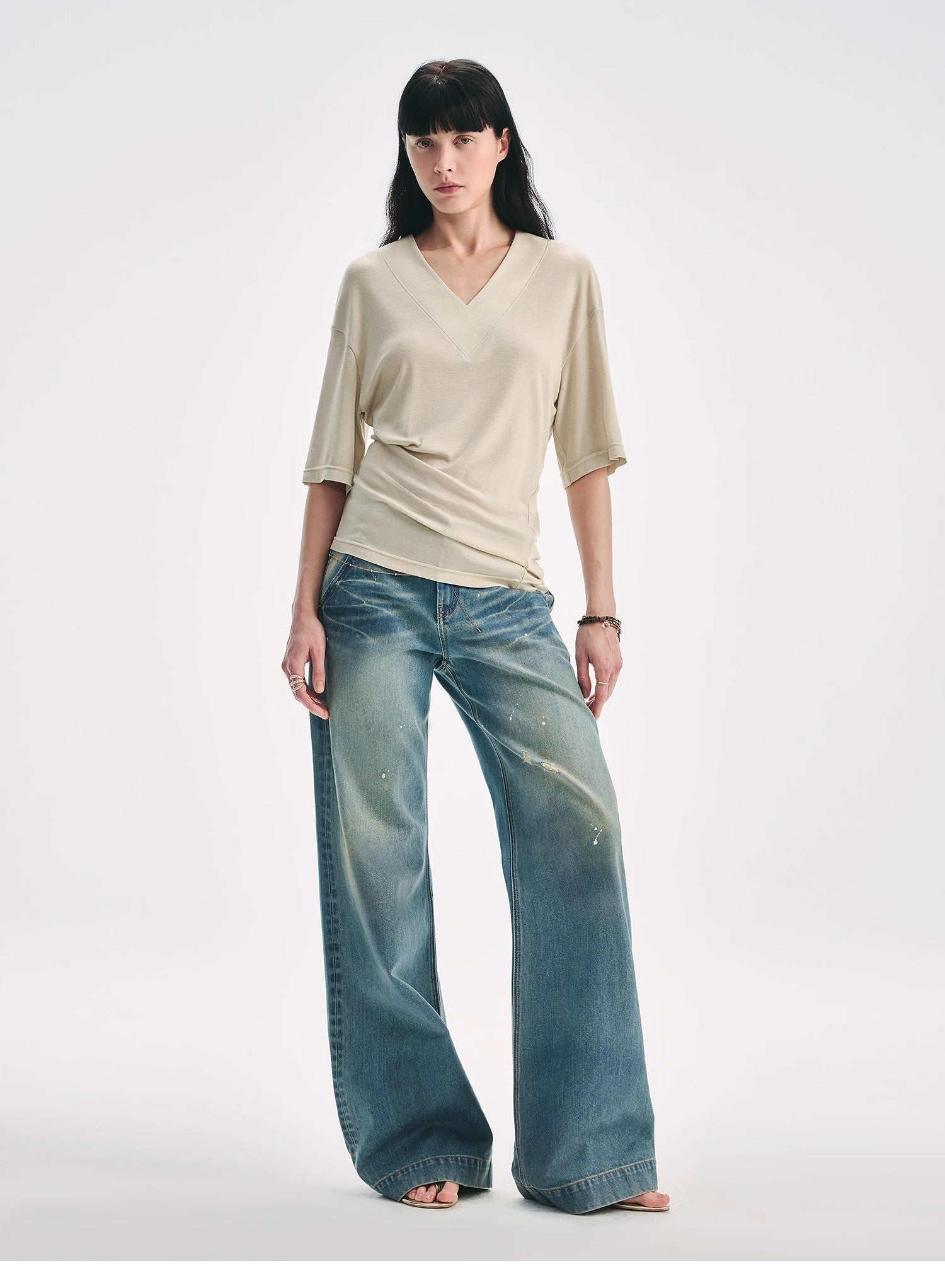 Silk Tencel V-neck loose dropped shoulder T-shirt