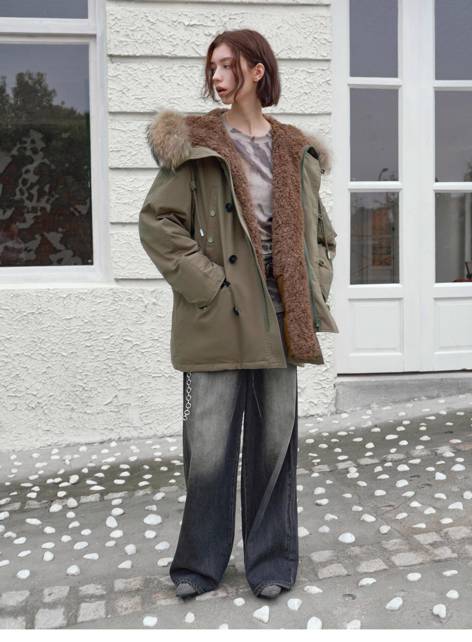 Fireladyfur Women's Shearling Lined Down Parka with Raccoon Fur Collar hood"Coastal Highway II"-1