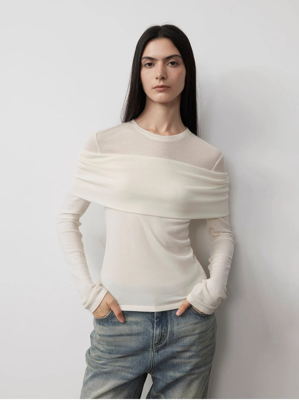 Personalized layered Tencel wool fake two-piece splicing one-shoulder versatile knitted top"Modern Tricks"-0