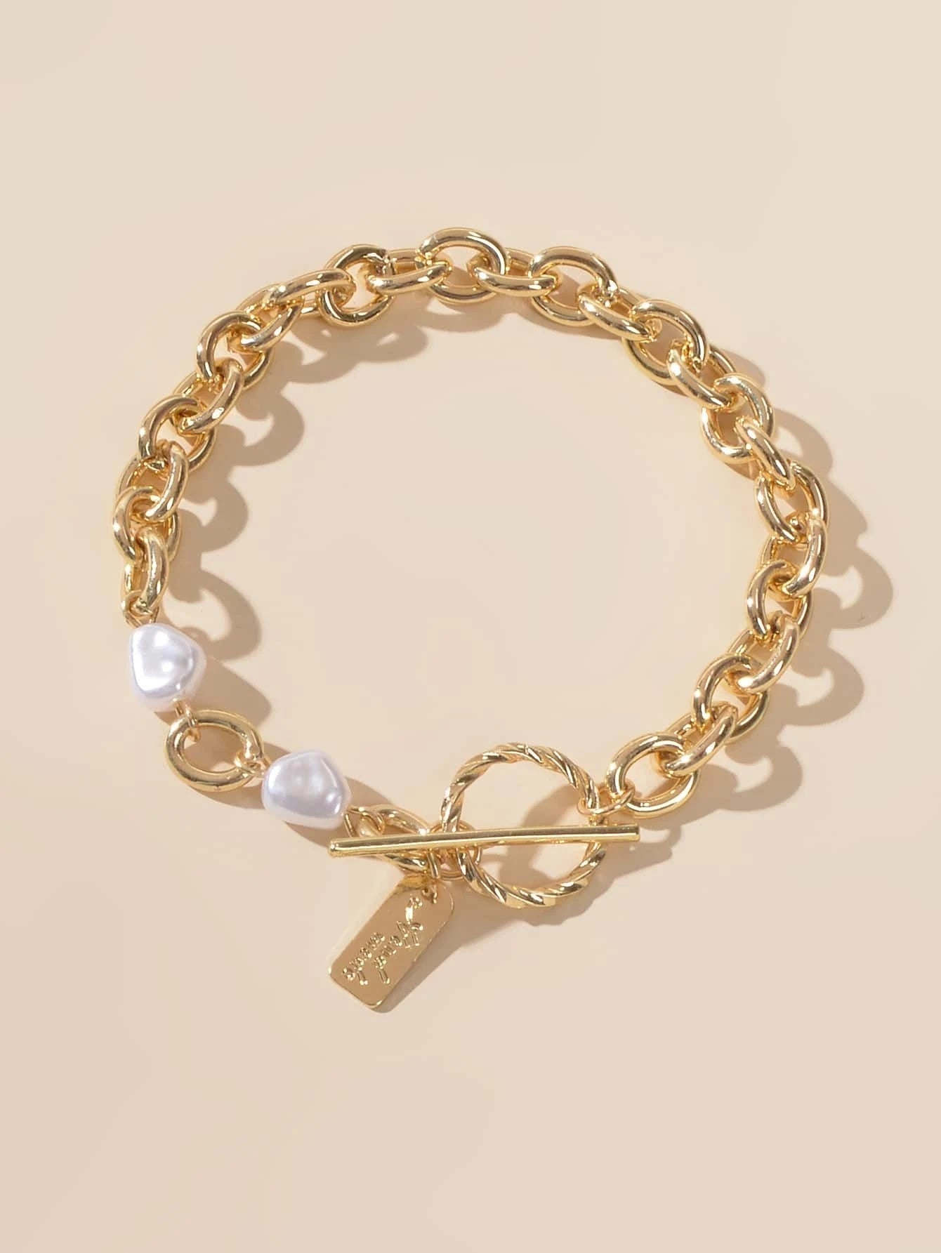 Pearl Decor Letter Tag Charm Heavy Solid Chain Buckle Bracelet Textured Jewelry-3