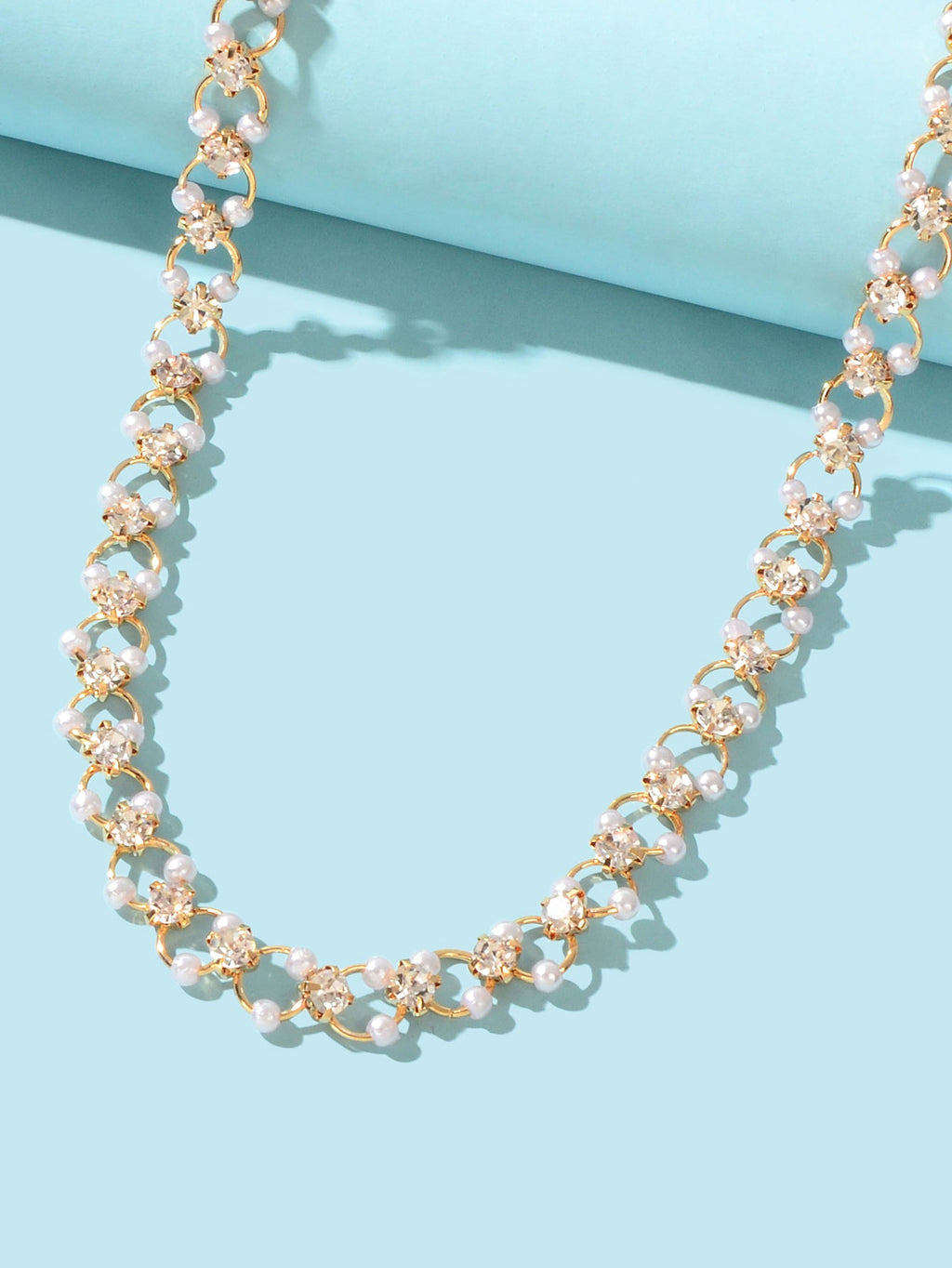 Wedding Engagement Gift Jewellery Rhinestone Pearl Decor Hollow Choker Necklace-2