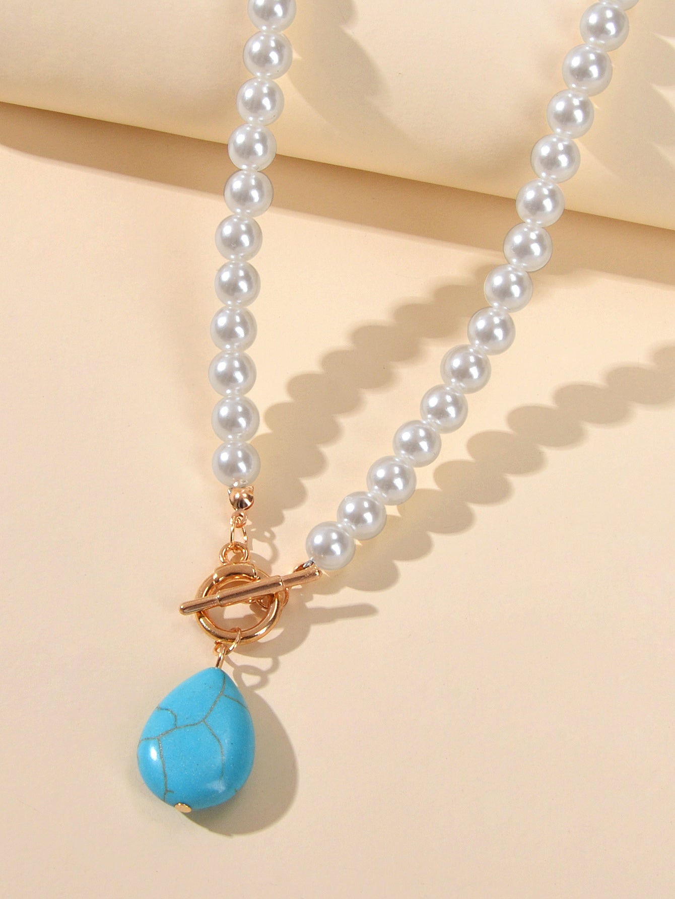 Retro Designer Bohemian Jewellery Simulated Pearl Chain Turquoise Charm Necklace-2