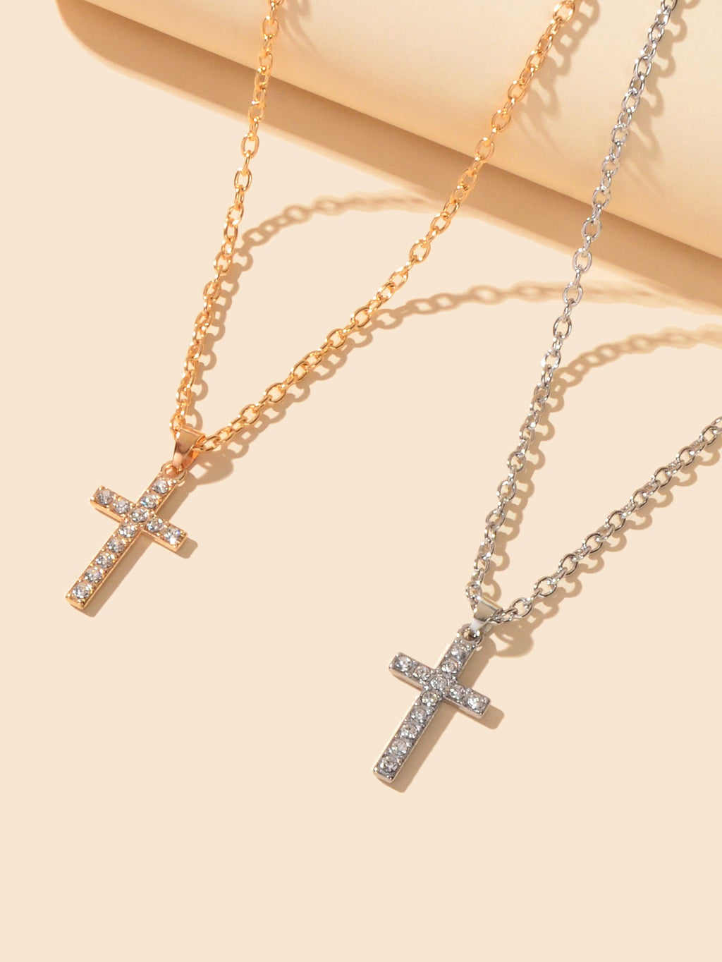 2 pcs Gold Silver Chain Rhinestone Cross Matching Necklace Lovers Couples Gift-2