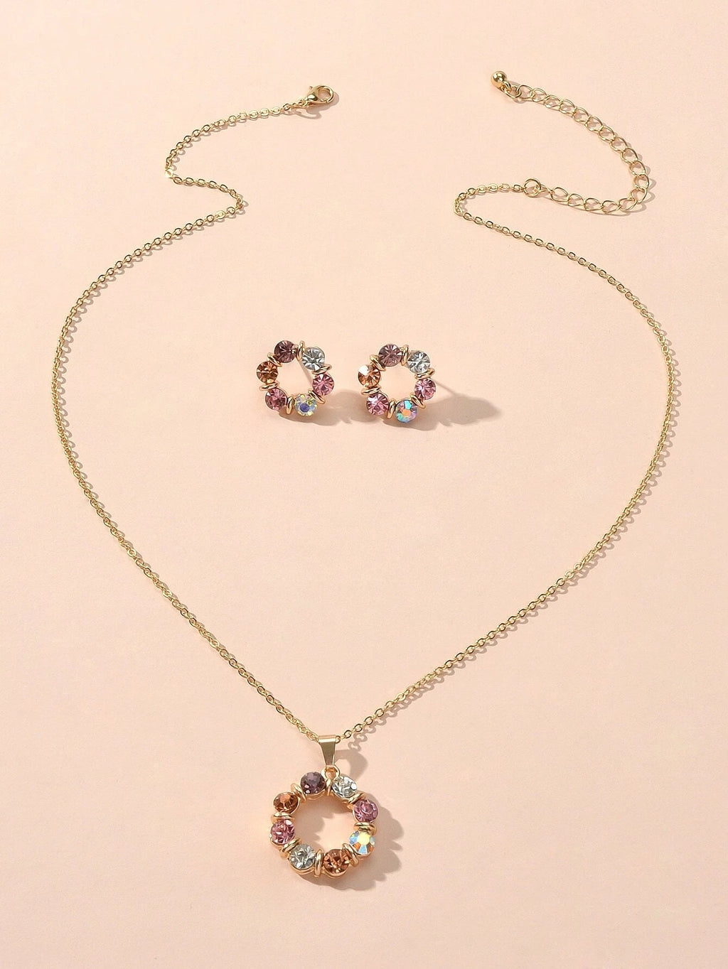 Colourful Rhinestone Flower Jewellry Set Round Charm Necklace Girl Stud Earrings-2