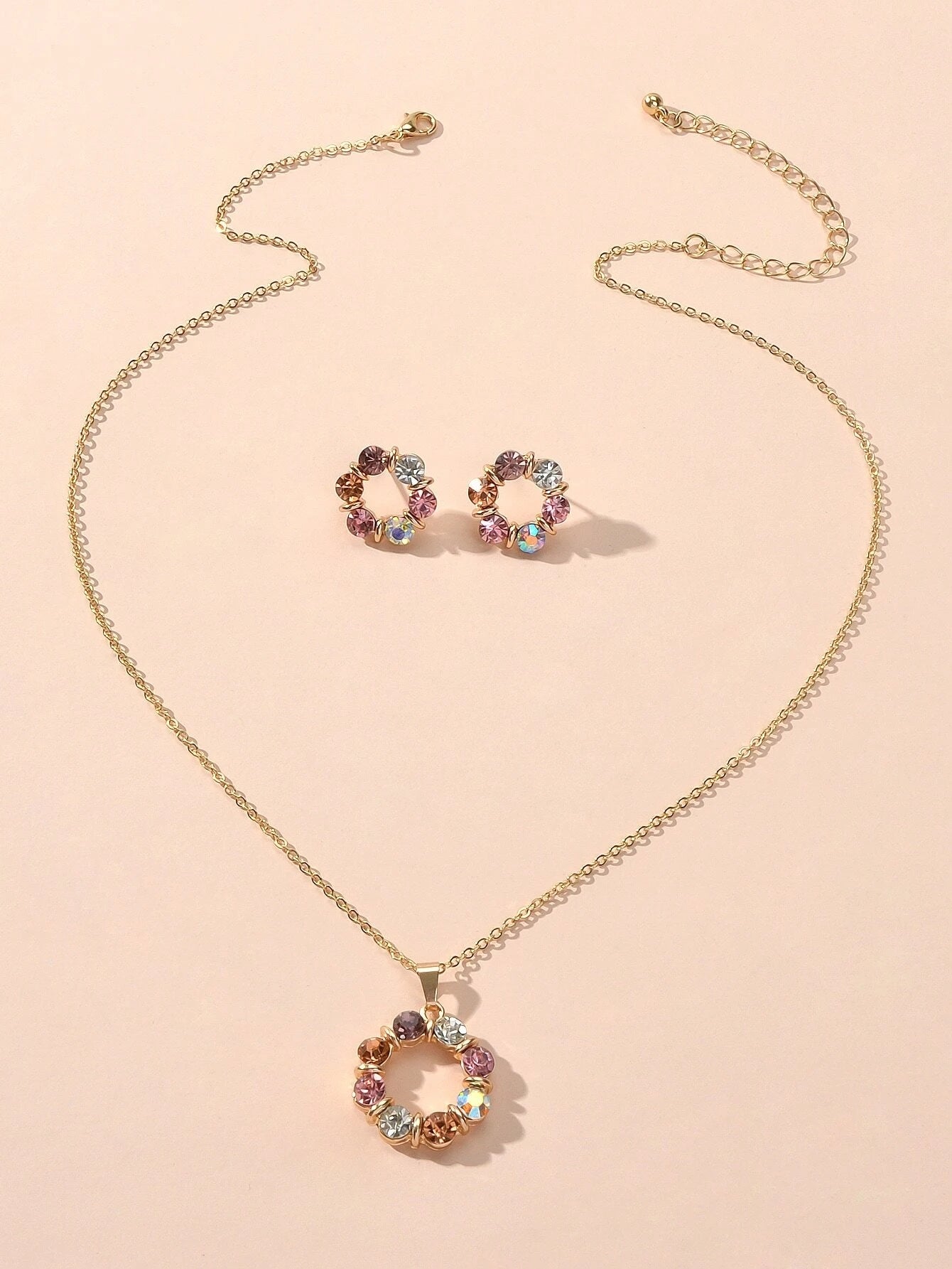 Colourful Rhinestone Flower Jewellry Set Round Charm Necklace Girl Stud Earrings-2