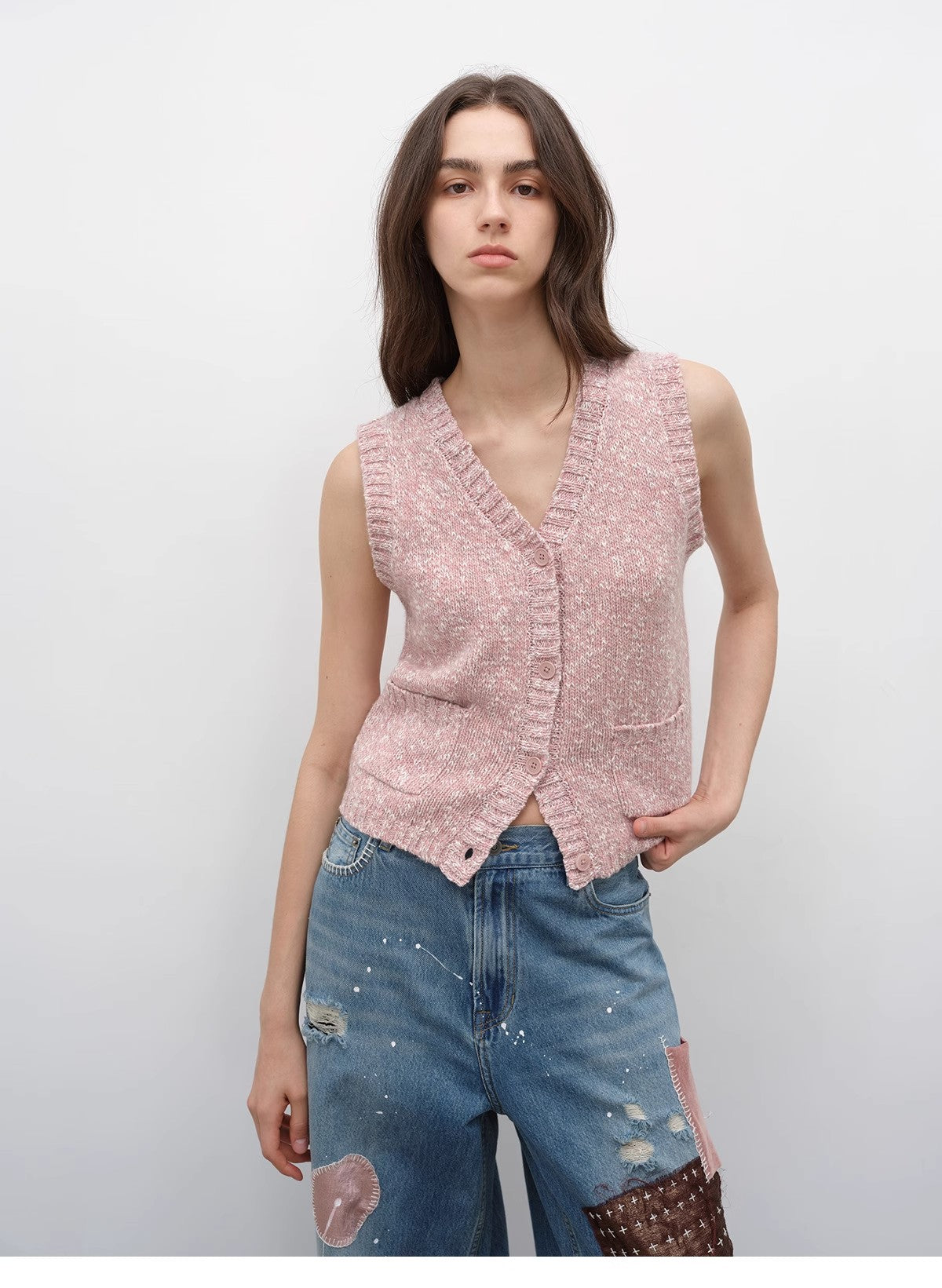 "Stacking Rehearsal" Fashionable vintage style layering artifact wool blend dotted V-neck knitted vest for autumn-0