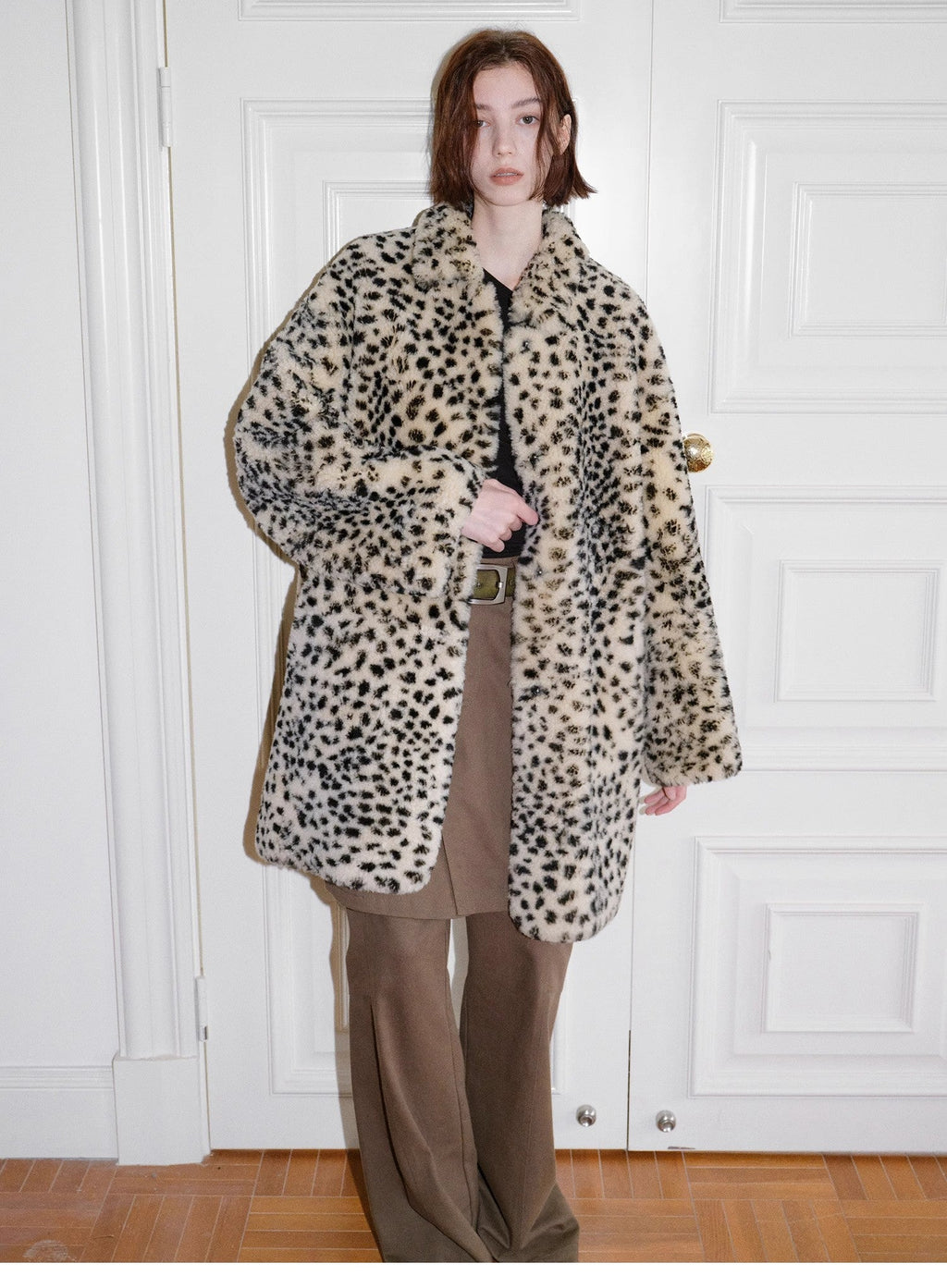 "Leopard print sniper" imported merino sheepskin fashionable off-shoulder slim mid-length fur coat-0