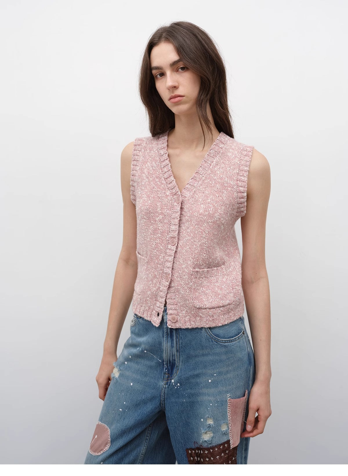 "Stacking Rehearsal" Fashionable vintage style layering artifact wool blend dotted V-neck knitted vest for autumn-2