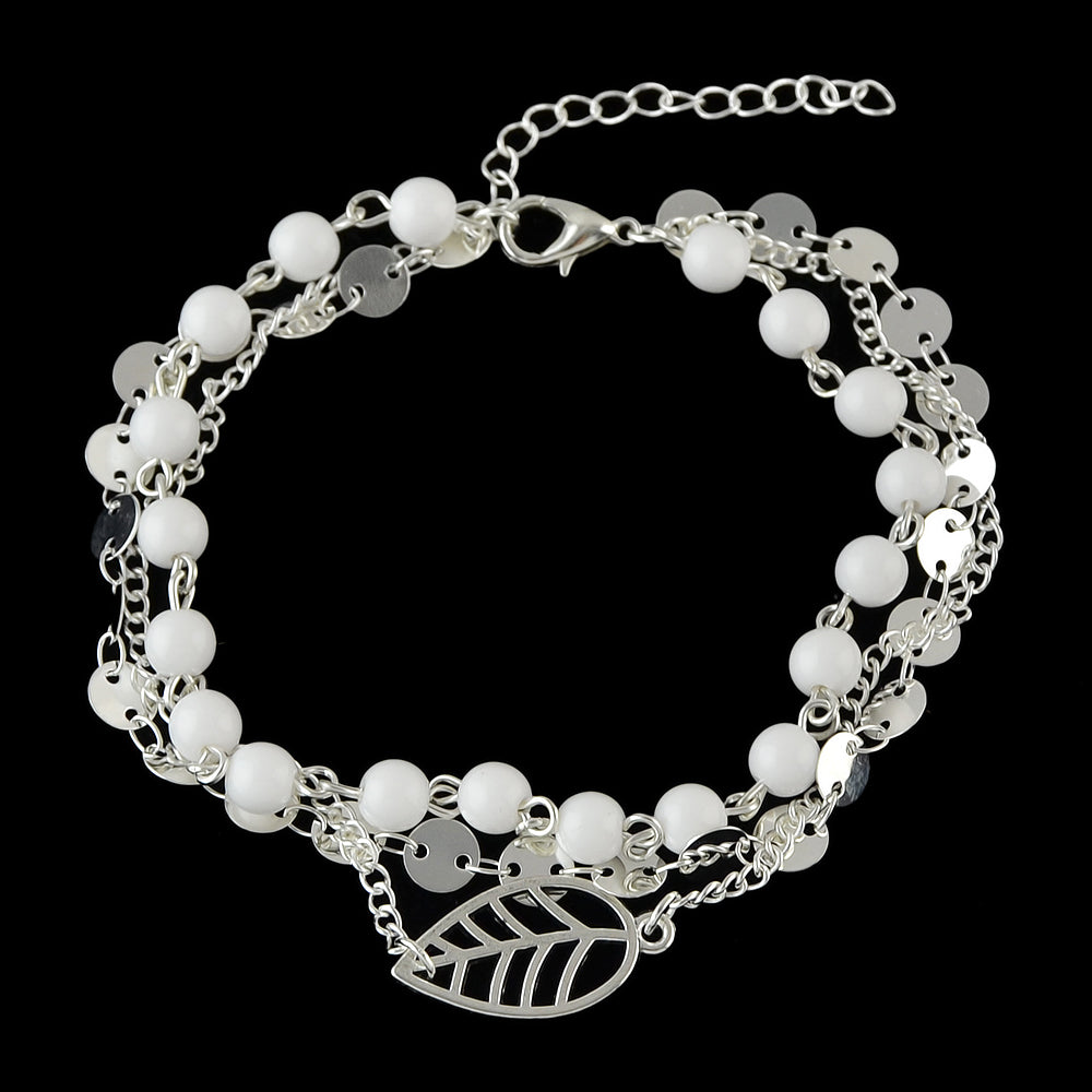 1 pc Foot Beach Jewellery Gold Silver Multi-layer Chain White Beads Leaf Anklet-5