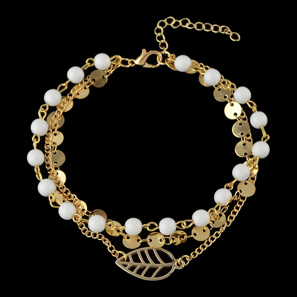 1 pc Foot Beach Jewellery Gold Silver Multi-layer Chain White Beads Leaf Anklet-1