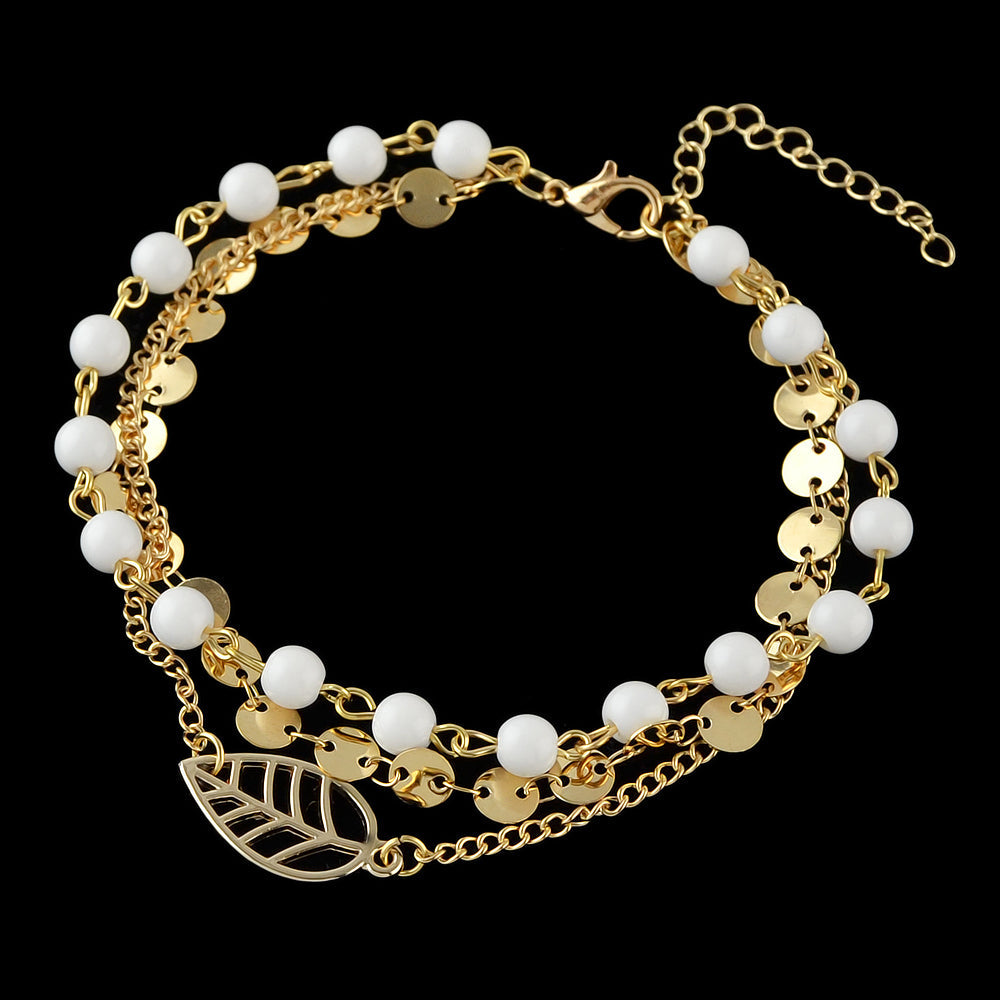 1 pc Foot Beach Jewellery Gold Silver Multi-layer Chain White Beads Leaf Anklet-2