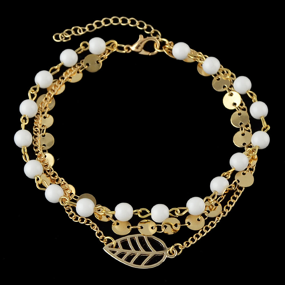 1 pc Foot Beach Jewellery Gold Silver Multi-layer Chain White Beads Leaf Anklet-3