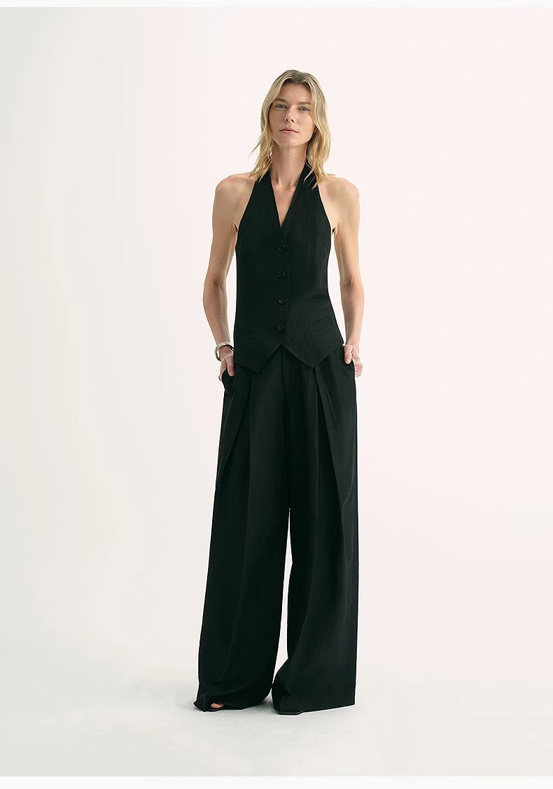 Classic old money style cool feeling silk linen halterneck sleeveless short vest women's top-0