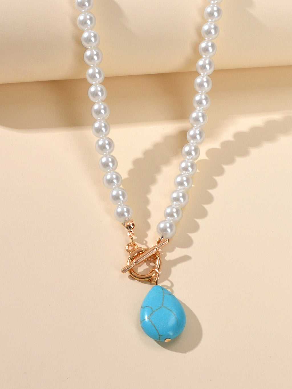 Retro Designer Bohemian Jewellery Simulated Pearl Chain Turquoise Charm Necklace-3