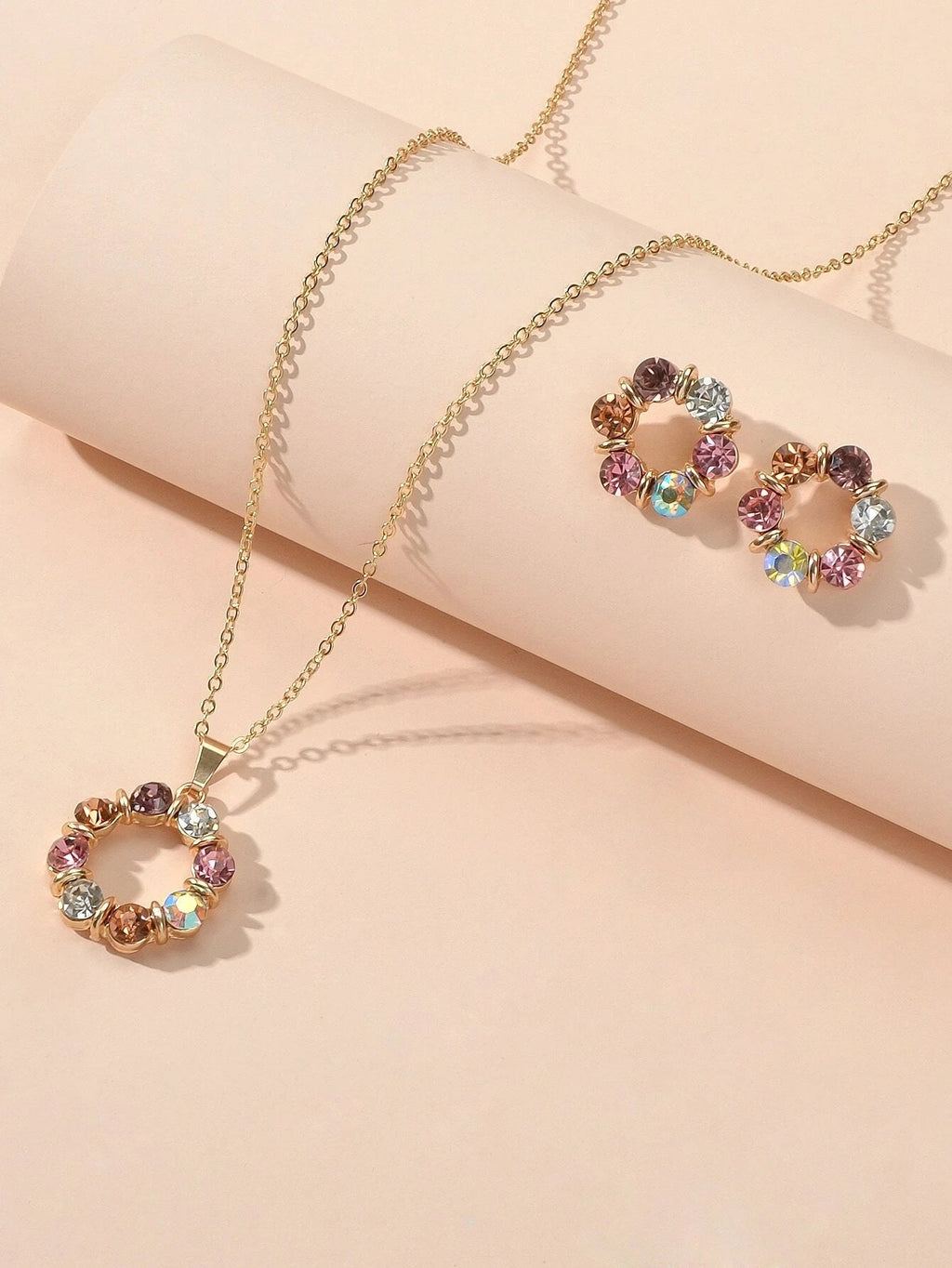Colourful Rhinestone Flower Jewellry Set Round Charm Necklace Girl Stud Earrings-3